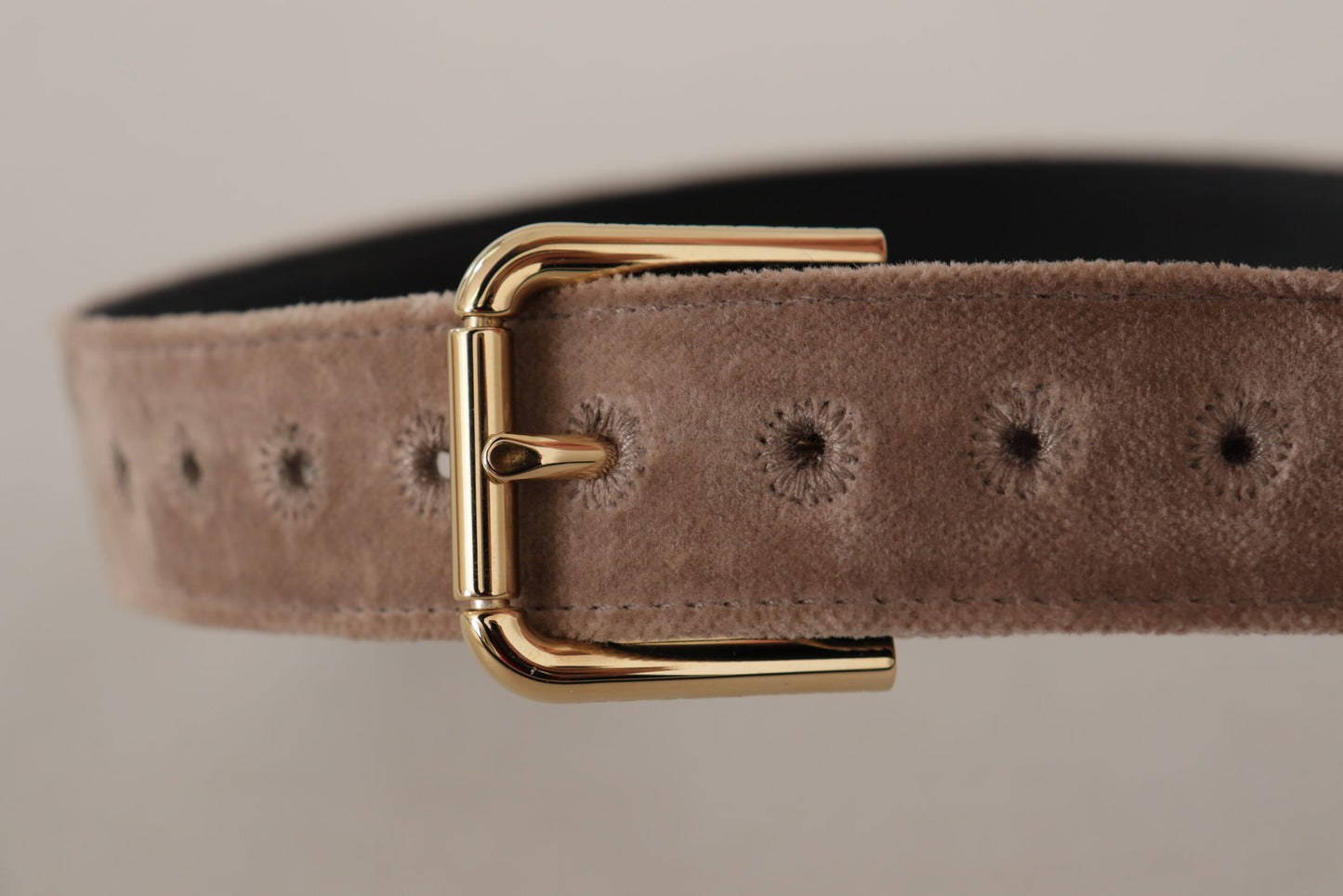 Dolce &amp; Gabbana Light Brown Velvet Gold Tone Logo Metal Buckle Belt