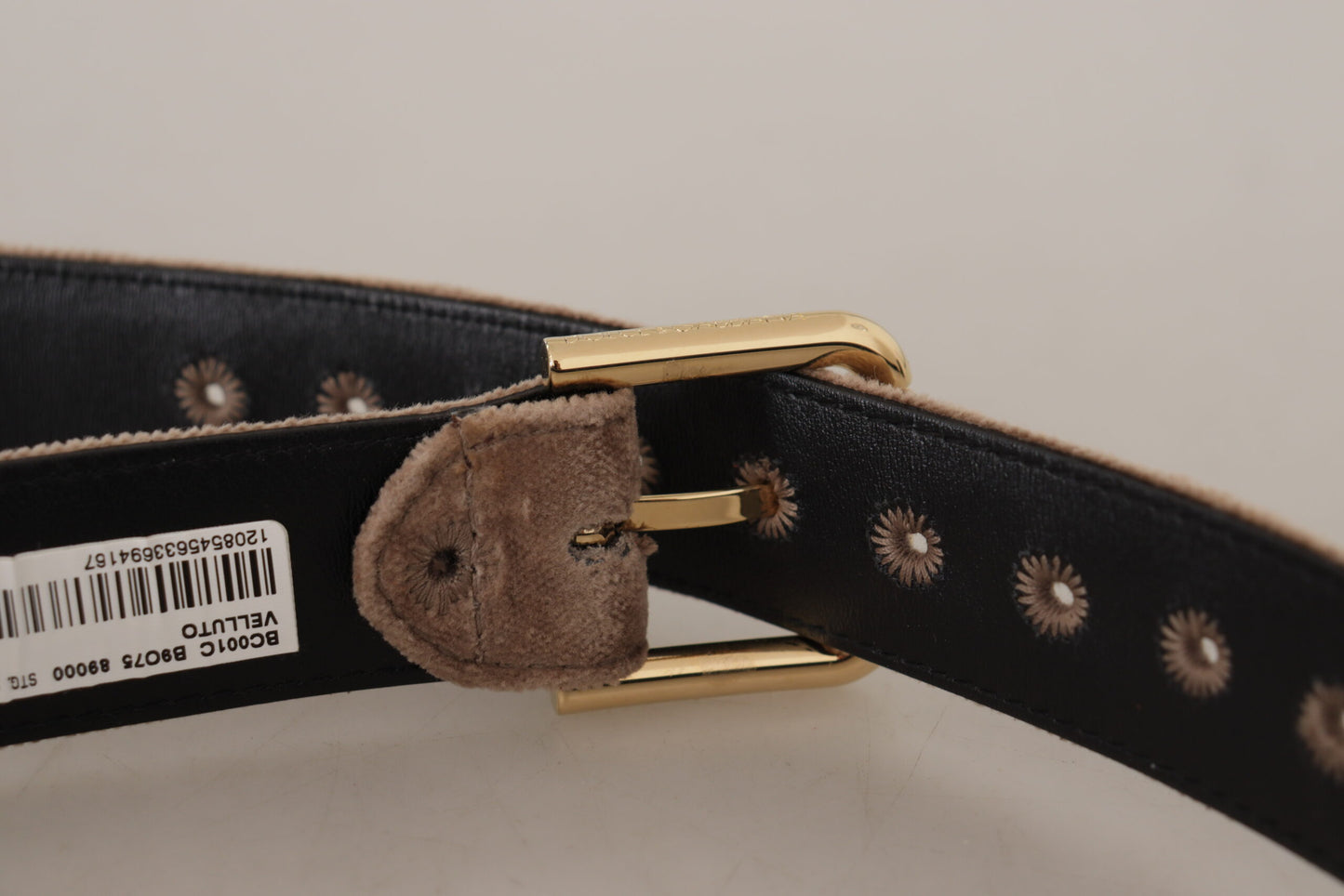 Dolce &amp; Gabbana Light Brown Velvet Gold Tone Logo Metal Buckle Belt