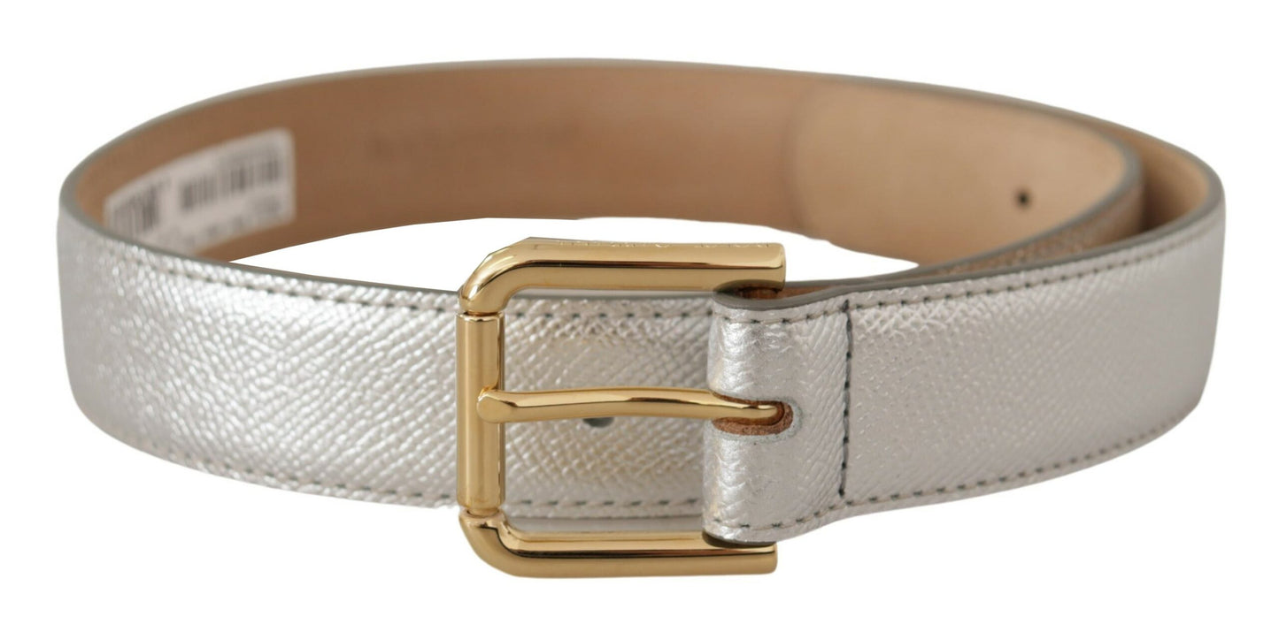 Dolce &amp; Gabbana Silver Leather Gold Tone Logo Metal Waist Buckle Belt