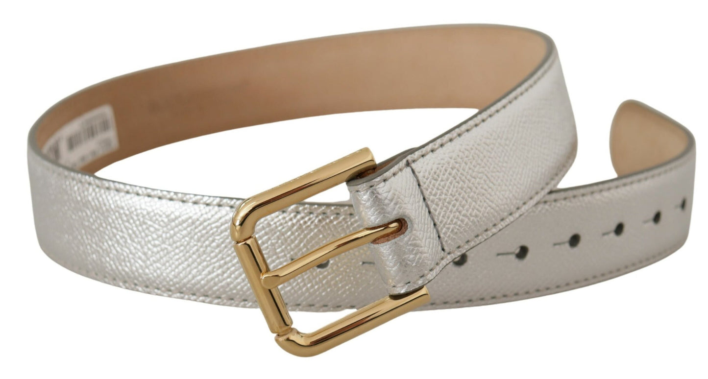 Dolce &amp; Gabbana Silver Leather Gold Tone Logo Metal Waist Buckle Belt