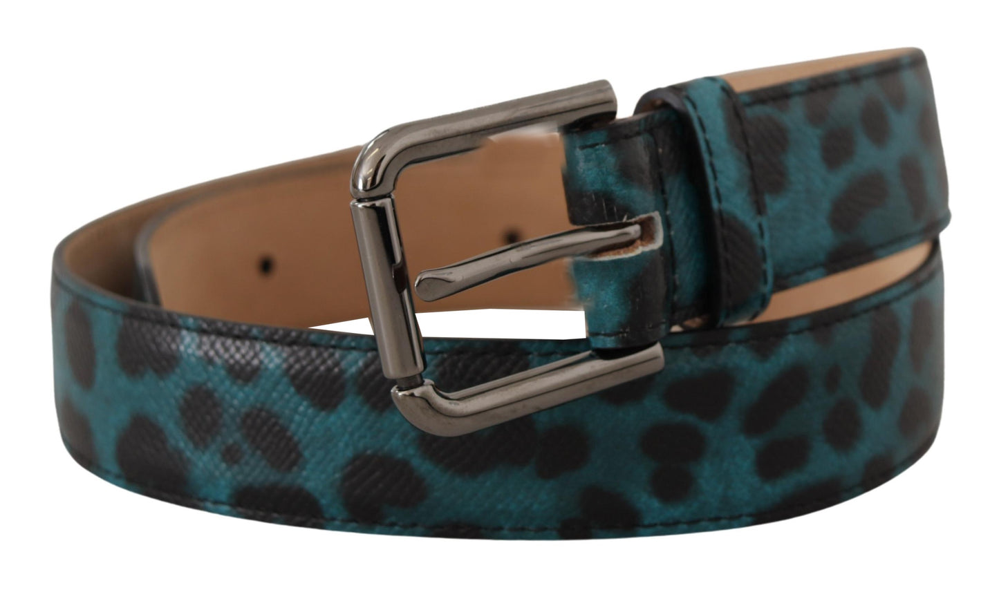 Dolce &amp; Gabbana Blue Green Leopard Print Logo Metal Waist Buckle Belt