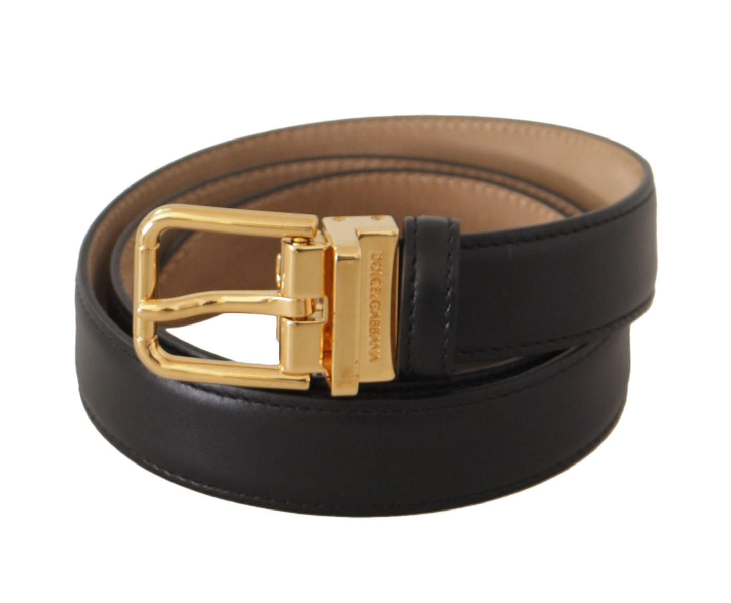 Dolce &amp; Gabbana Black Calf Leather Gold Metal Logo Waist Buckle Belt