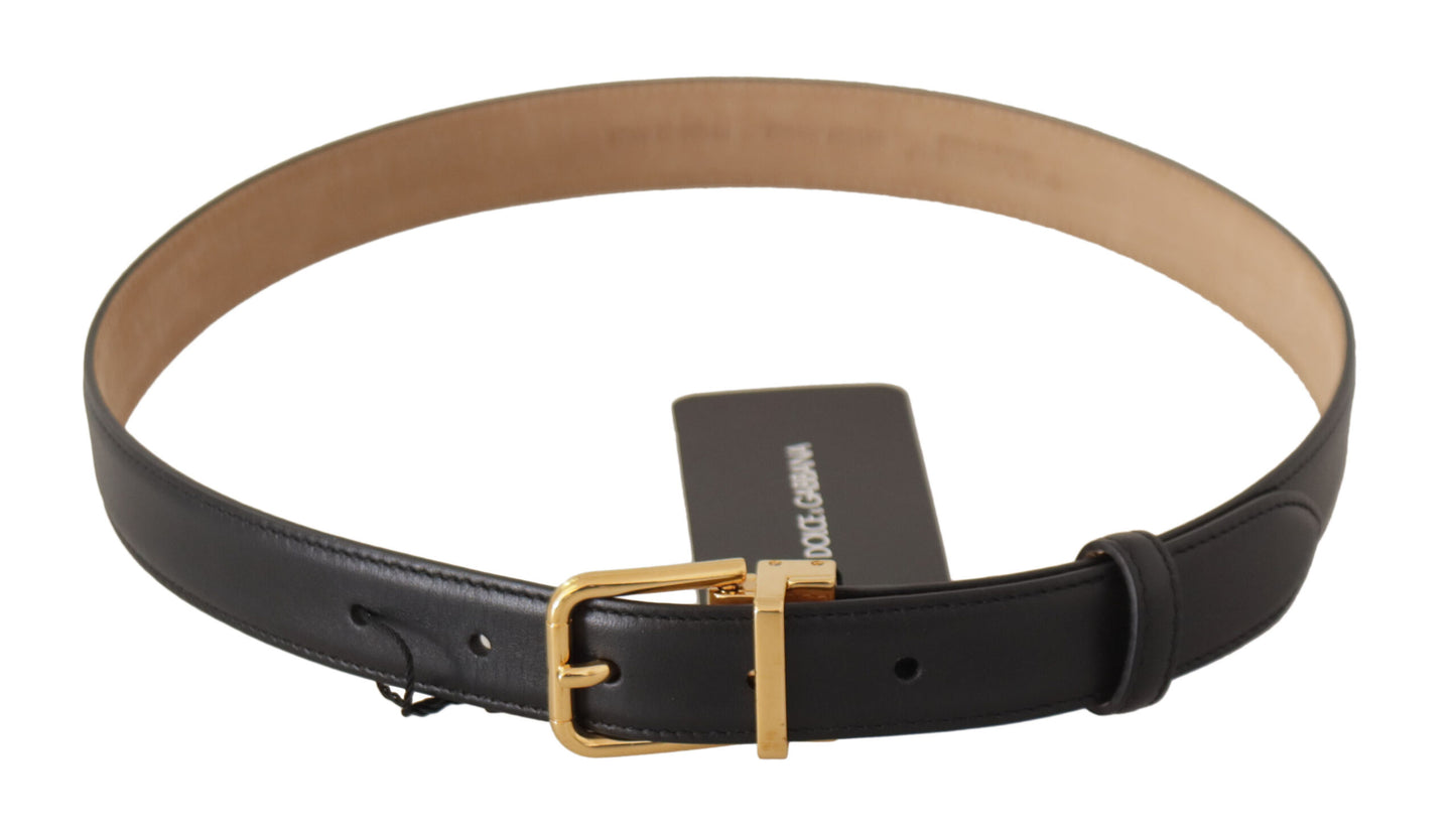 Dolce &amp; Gabbana Black Calf Leather Gold Metal Logo Waist Buckle Belt