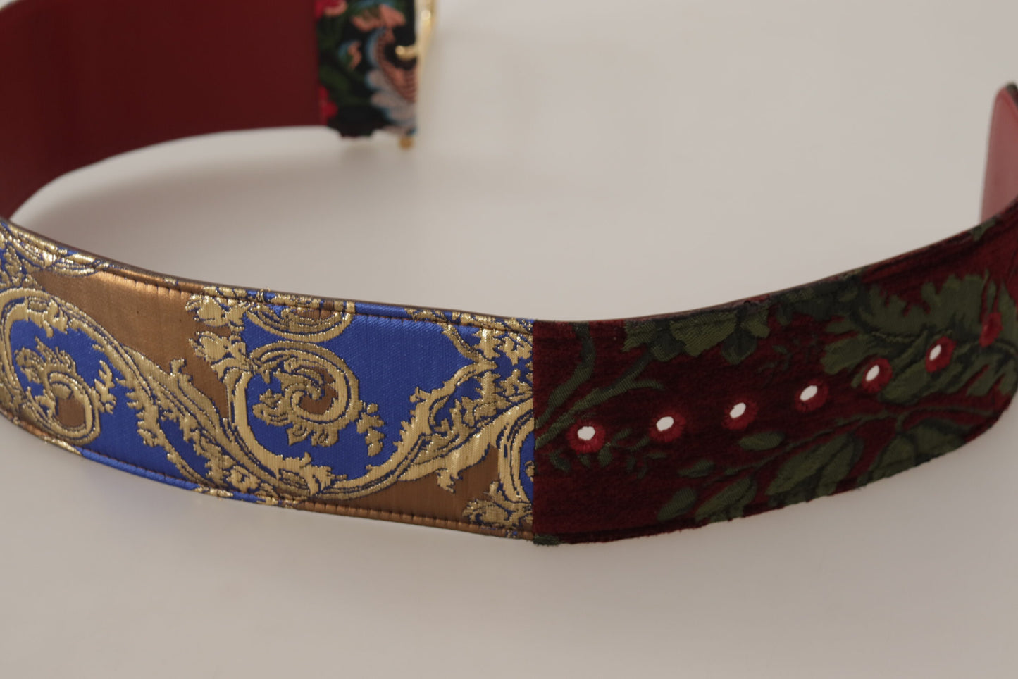 Dolce &amp; Gabbana Red Embroidered Leather Gold Logo Metal Buckle Belt