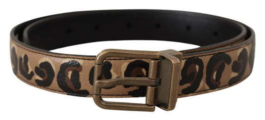 Dolce &amp; Gabbana Brown Leather Leopard Print Bronze Metal Buckle Belt