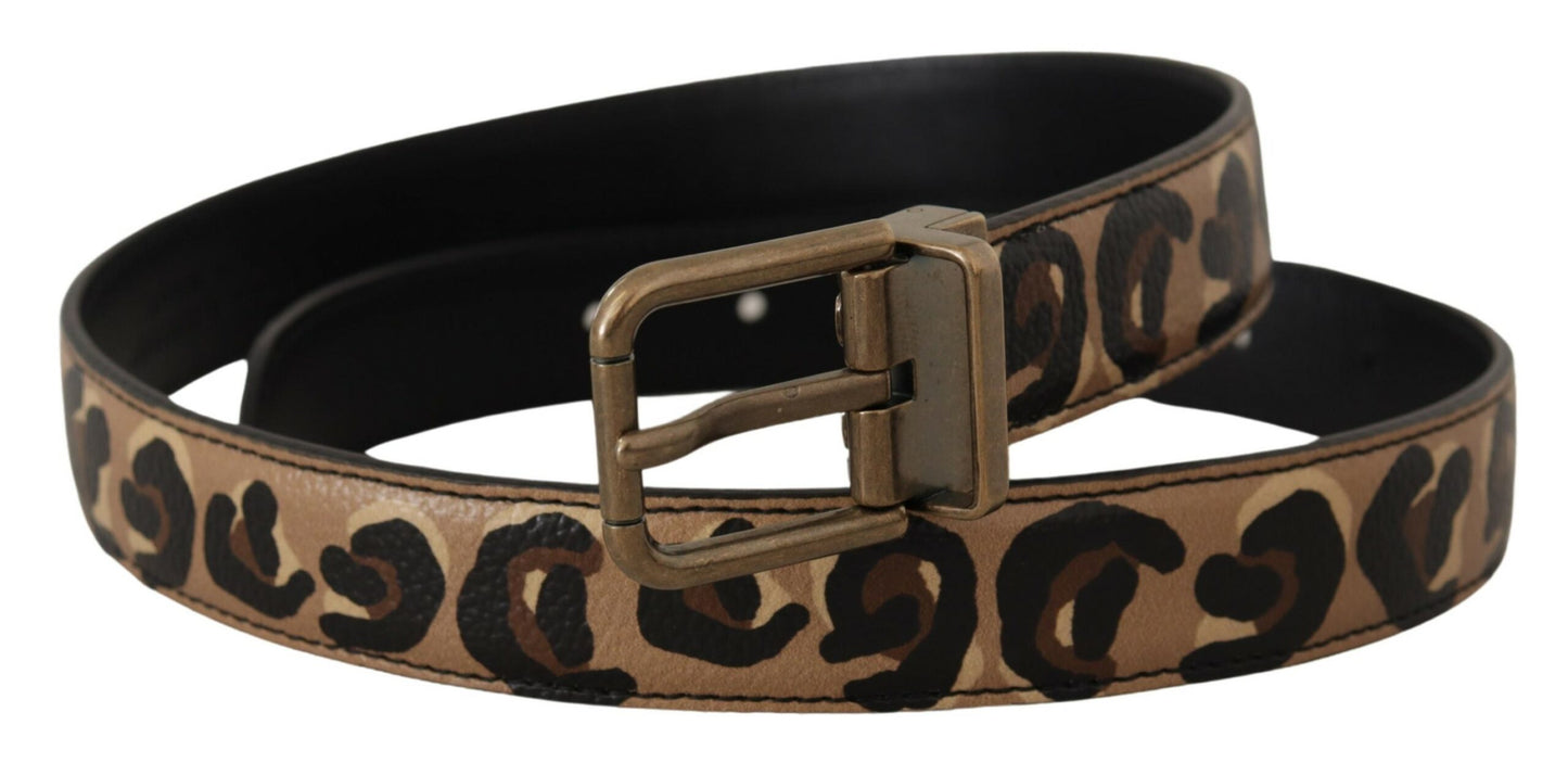 Dolce &amp; Gabbana Brown Leather Leopard Print Bronze Metal Buckle Belt