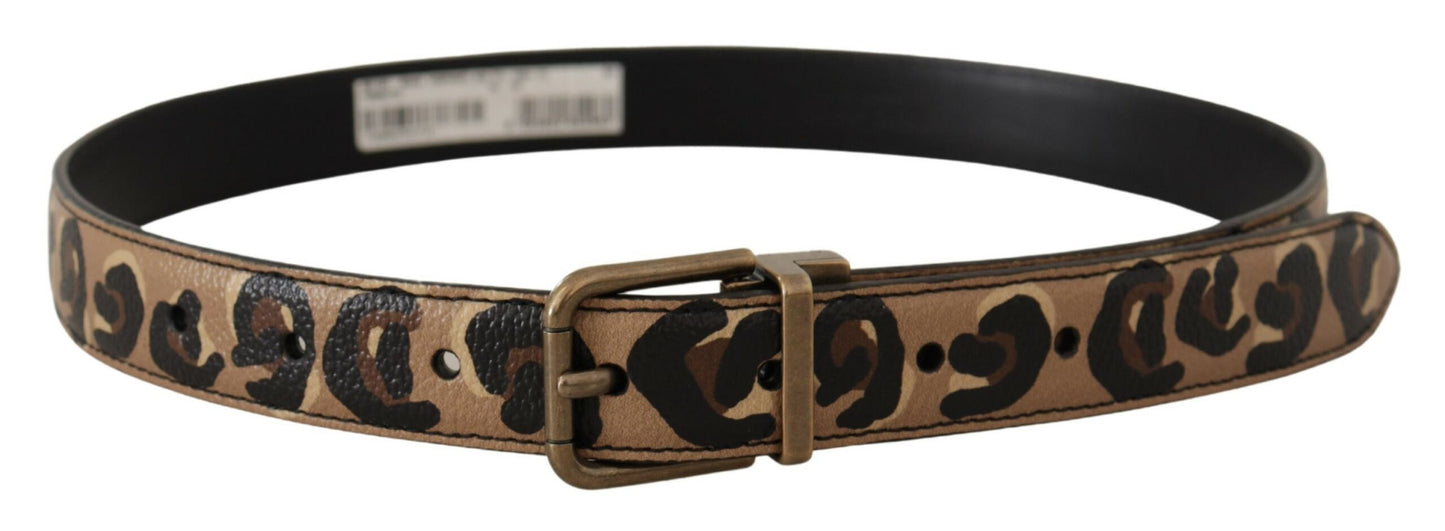 Dolce &amp; Gabbana Brown Leather Leopard Print Bronze Metal Buckle Belt