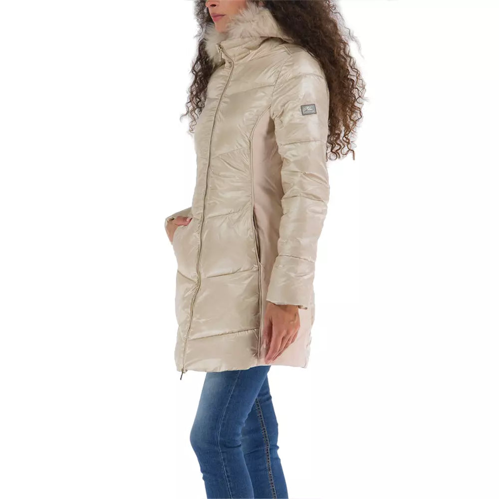 Yes Zee Elegante beige wattierte Jacke mit Fellkapuze