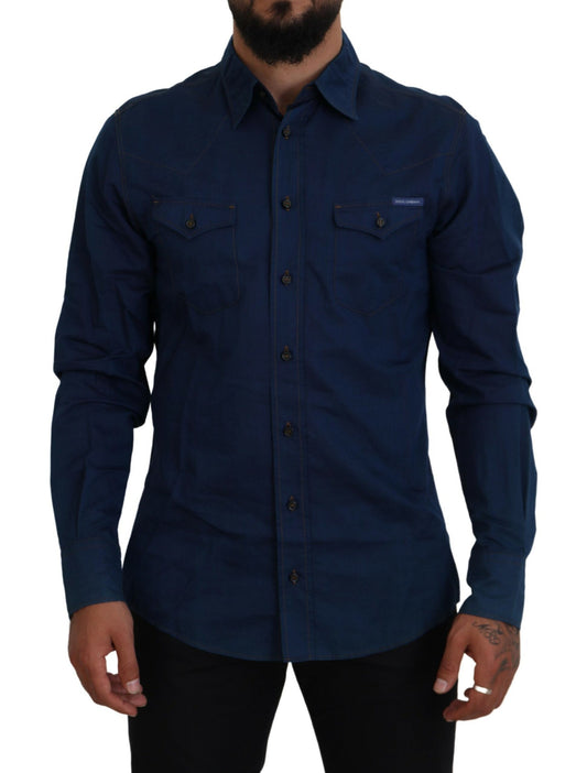 Dolce &amp; Gabbana Blue Denim Cotton Slim Fit GOLD Shirt