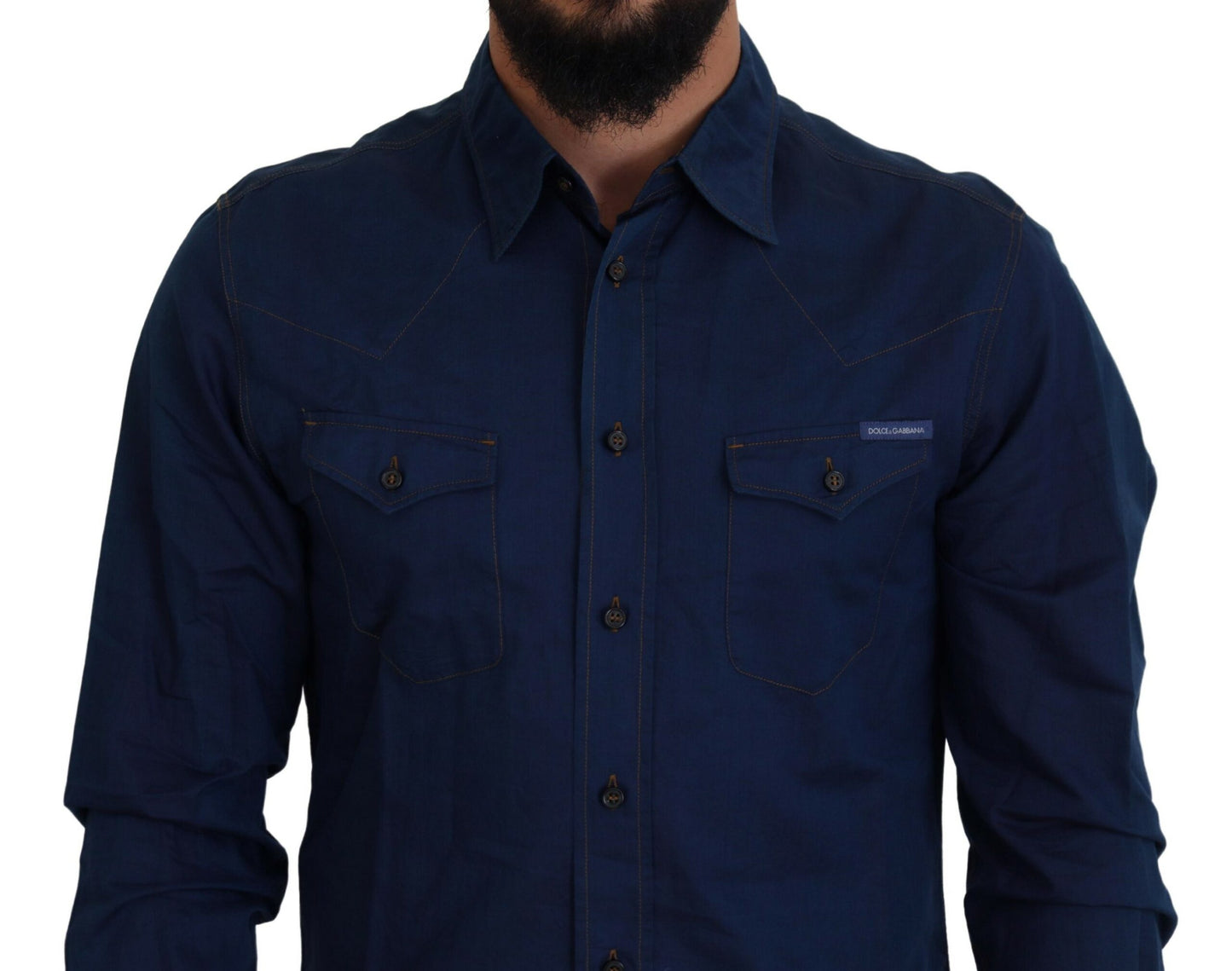 Dolce &amp; Gabbana Blue Denim Cotton Slim Fit GOLD Shirt