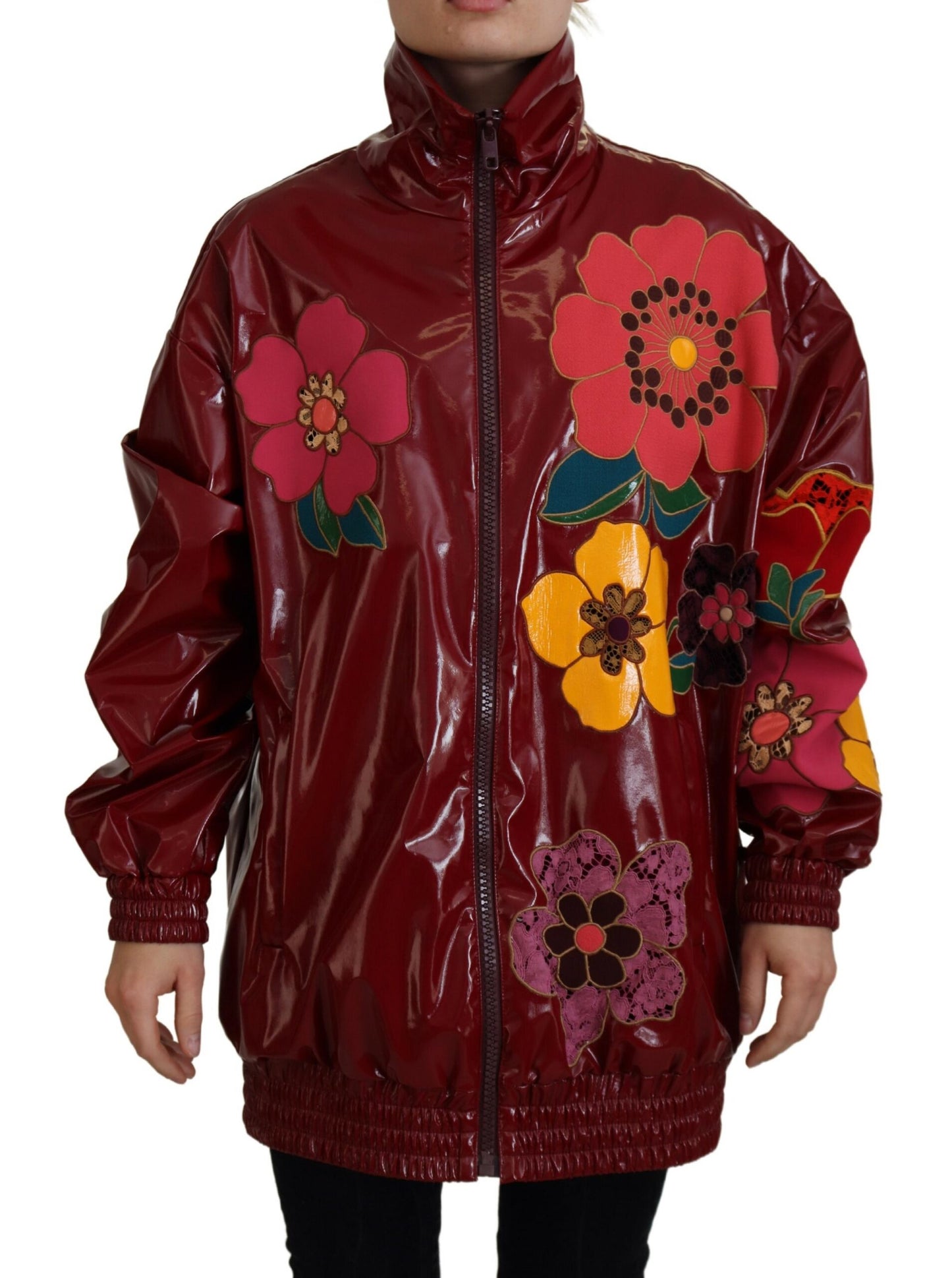 Dolce &amp; Gabbana Maroon Floral Full Zip Polyester Women Jacket