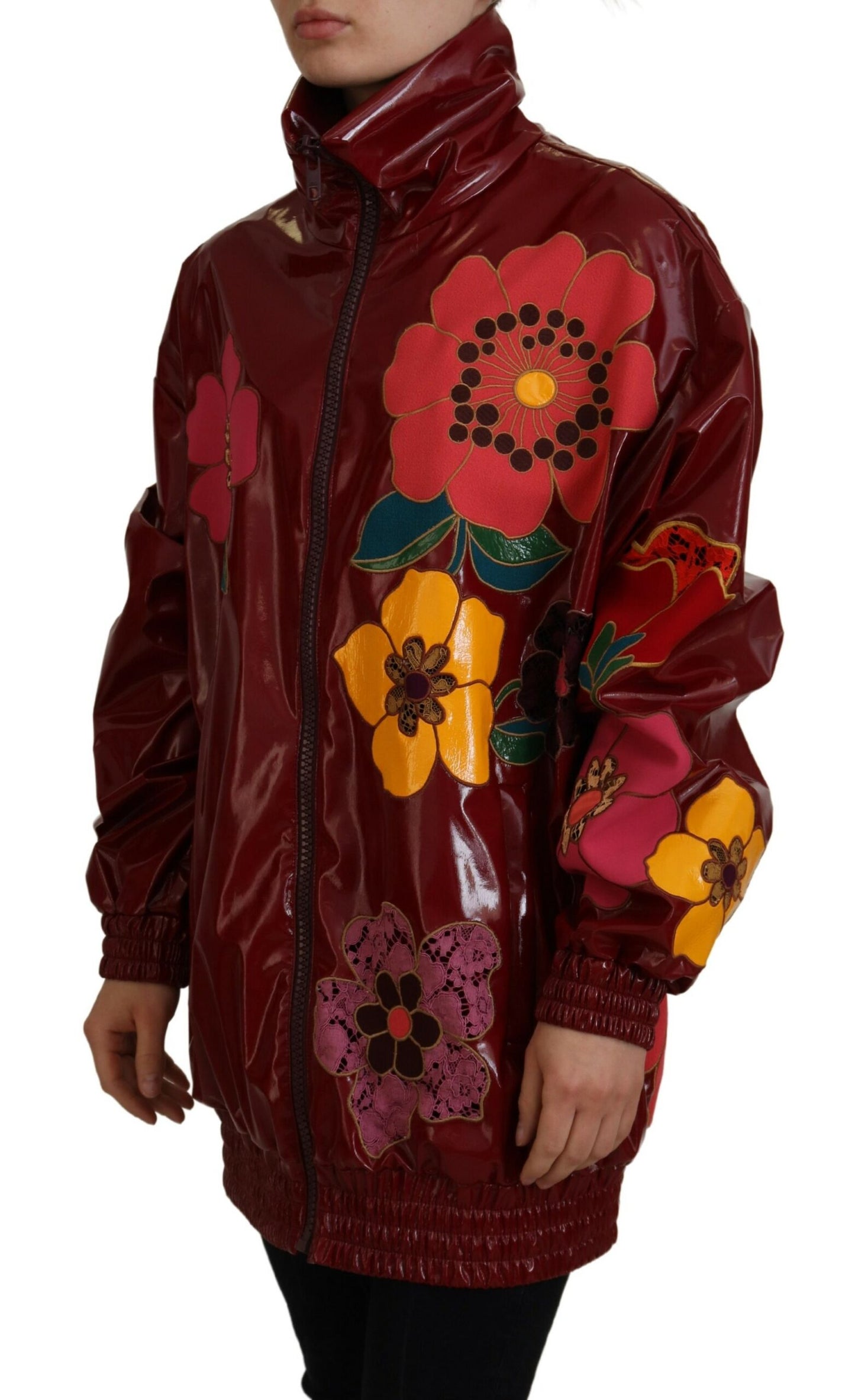 Dolce &amp; Gabbana Maroon Floral Full Zip Polyester Women Jacket