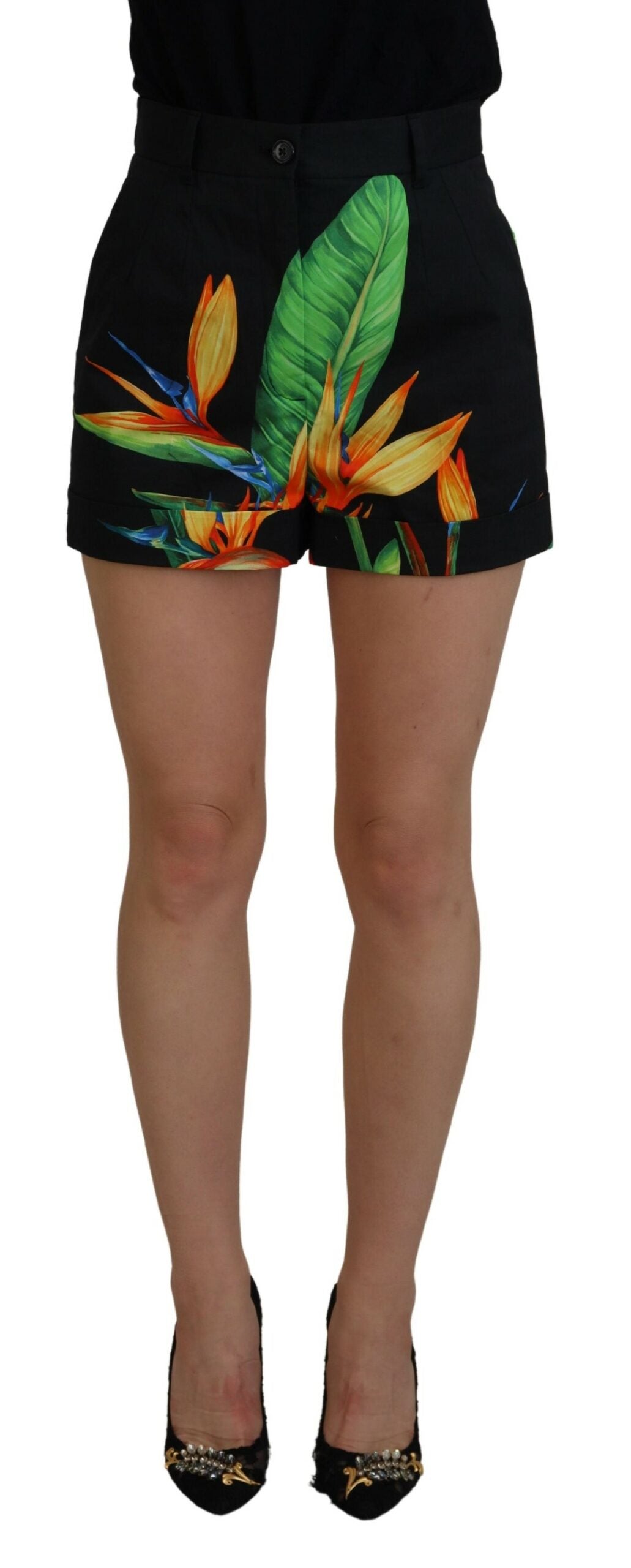 Dolce &amp; Gabbana Hotpants-Shorts mit hoher Taille und schwarzem Blätter-Print