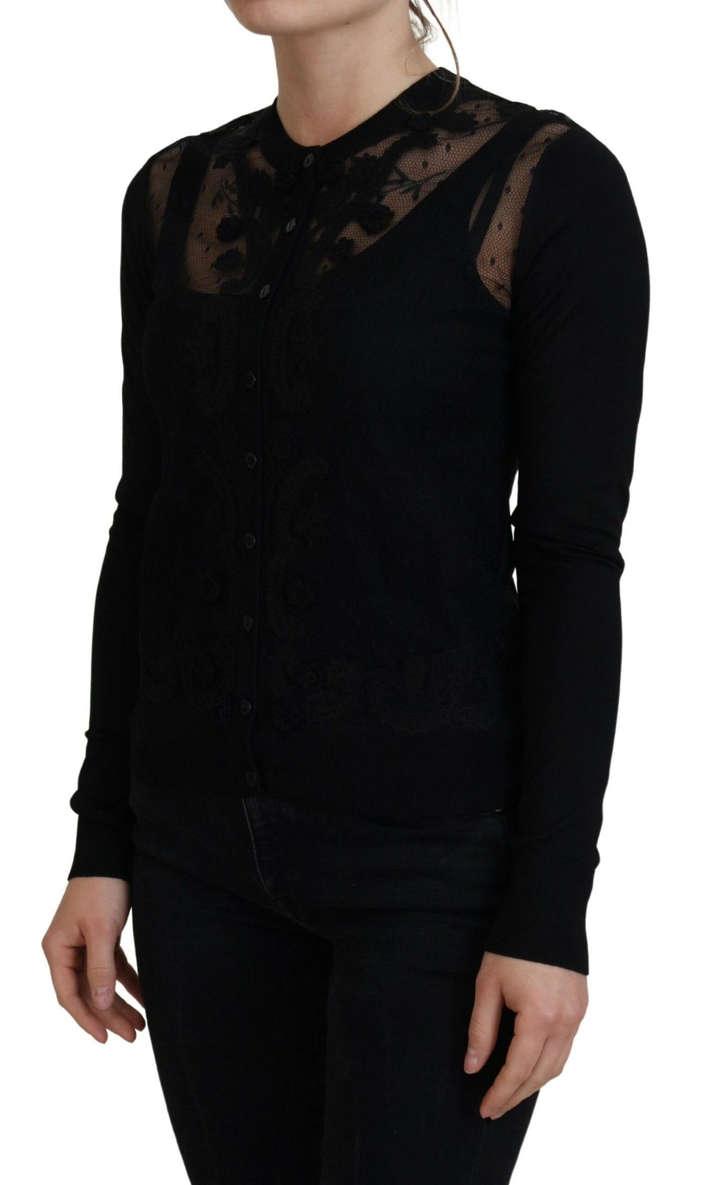 Dolce &amp; Gabbana Black Floral Lace Button Cardigan Sweater