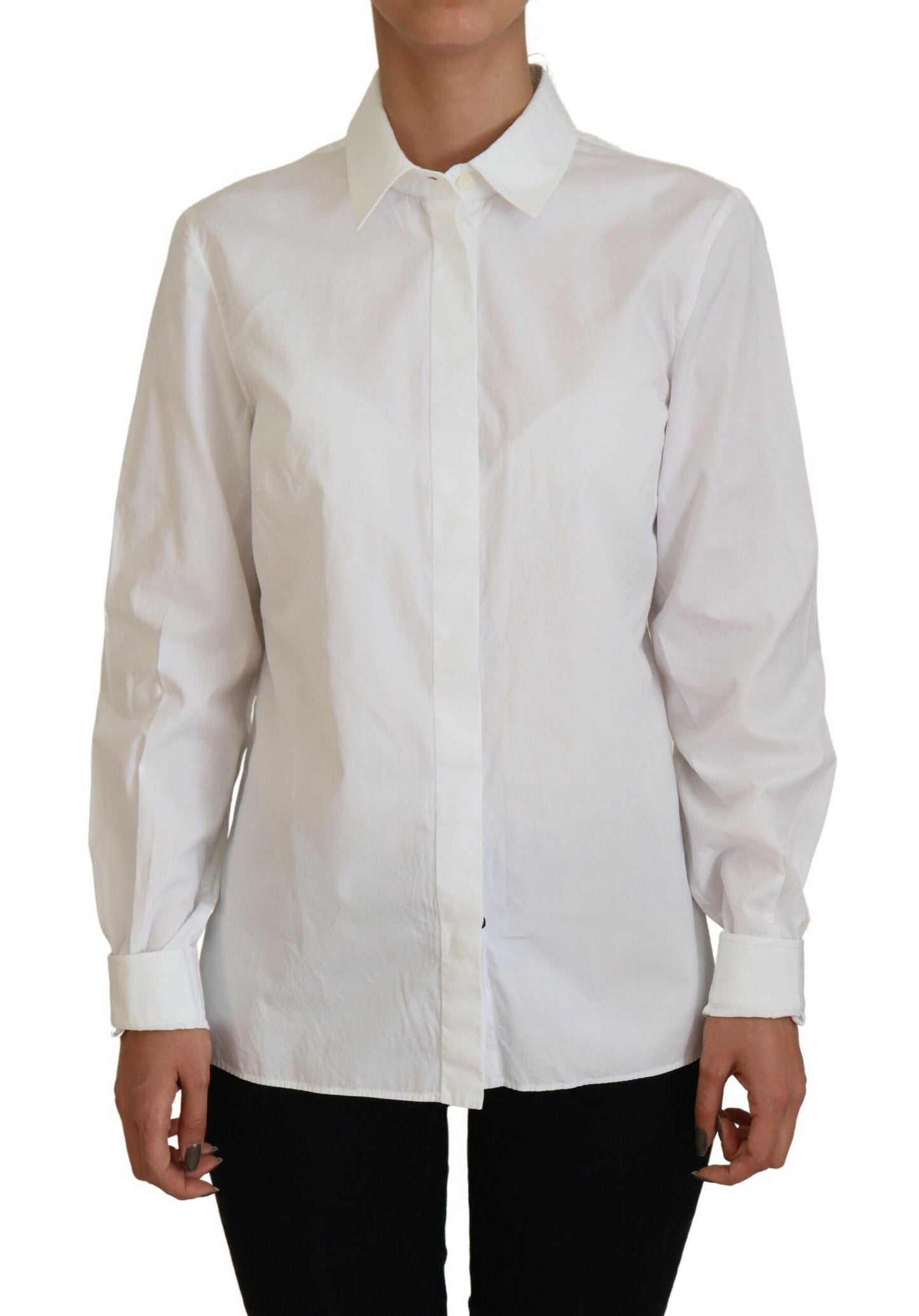 Dolce &amp; Gabbana White Cotton Collared Long Sleeves Formal Top