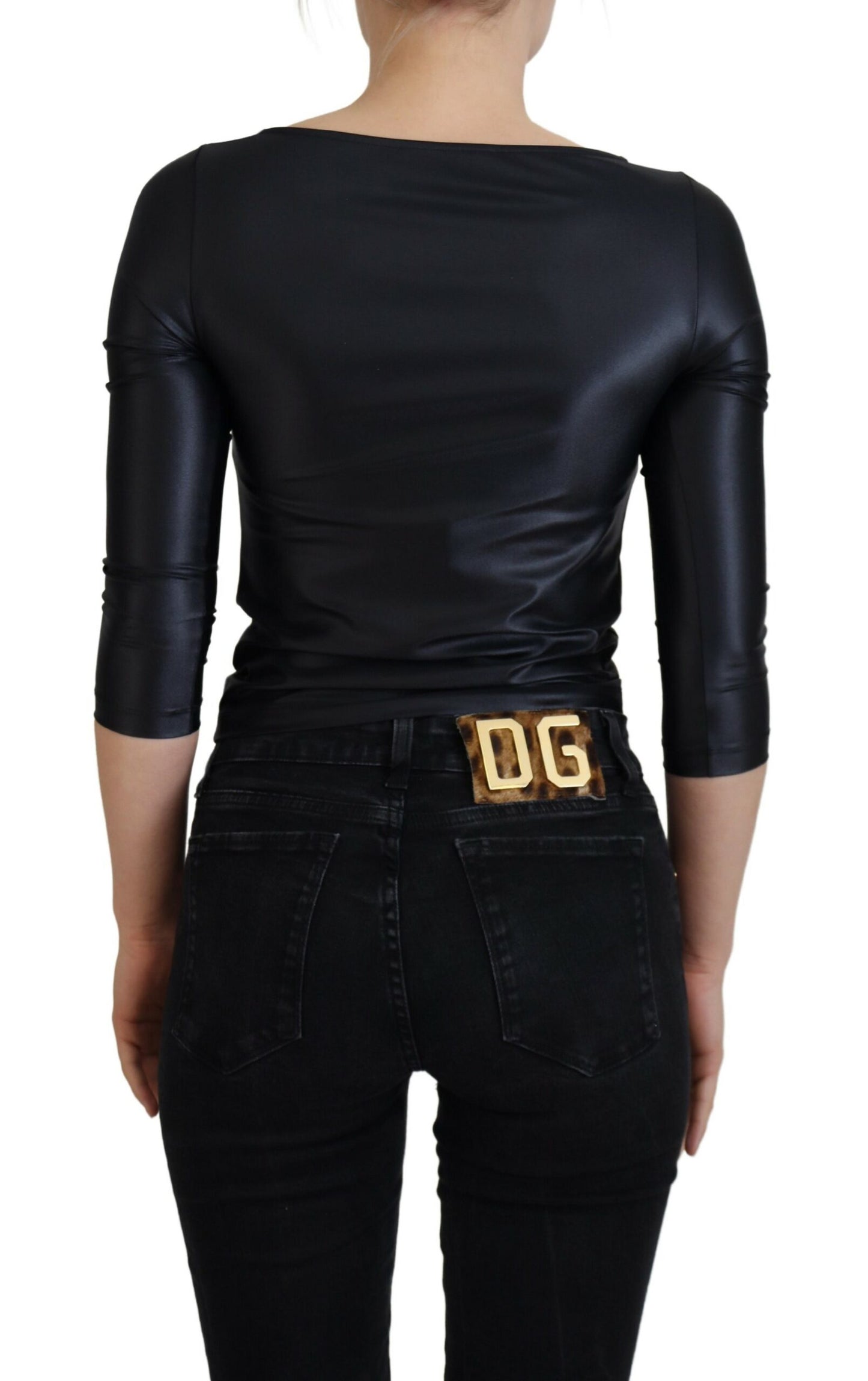 Dolce &amp; Gabbana Black Cotton Stretch Open Chest 3/4 Sleeve Top