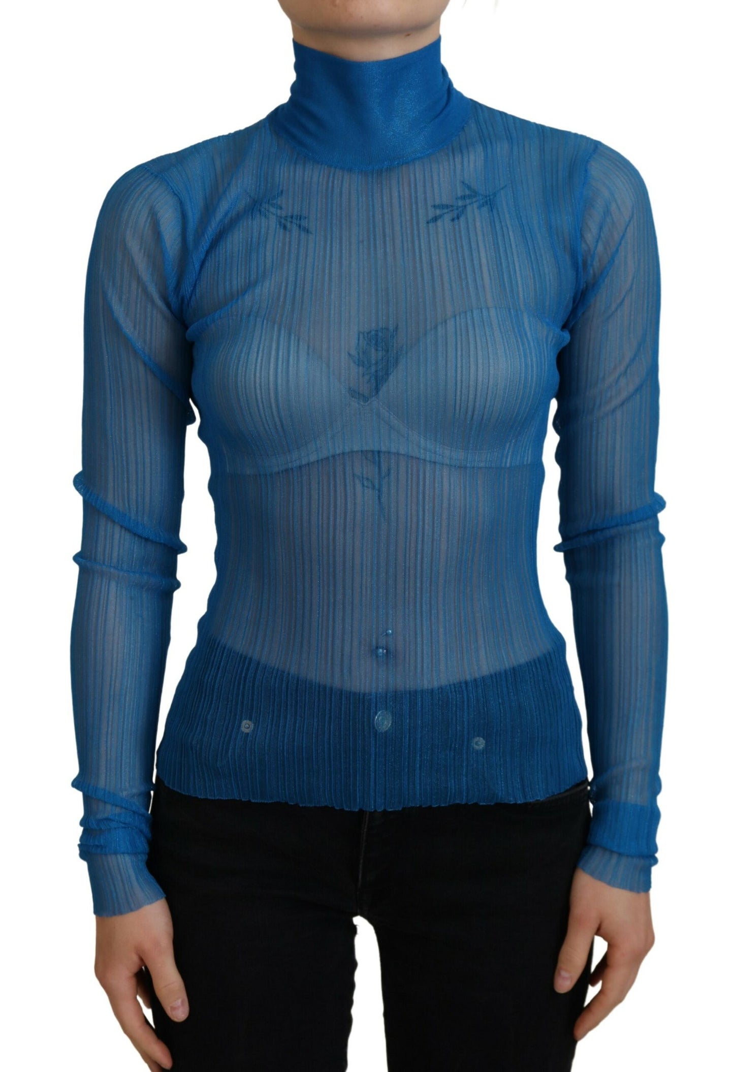 Dolce &amp; Gabbana Blue Mesh Turtleneck Long Sleeve Blouse Top