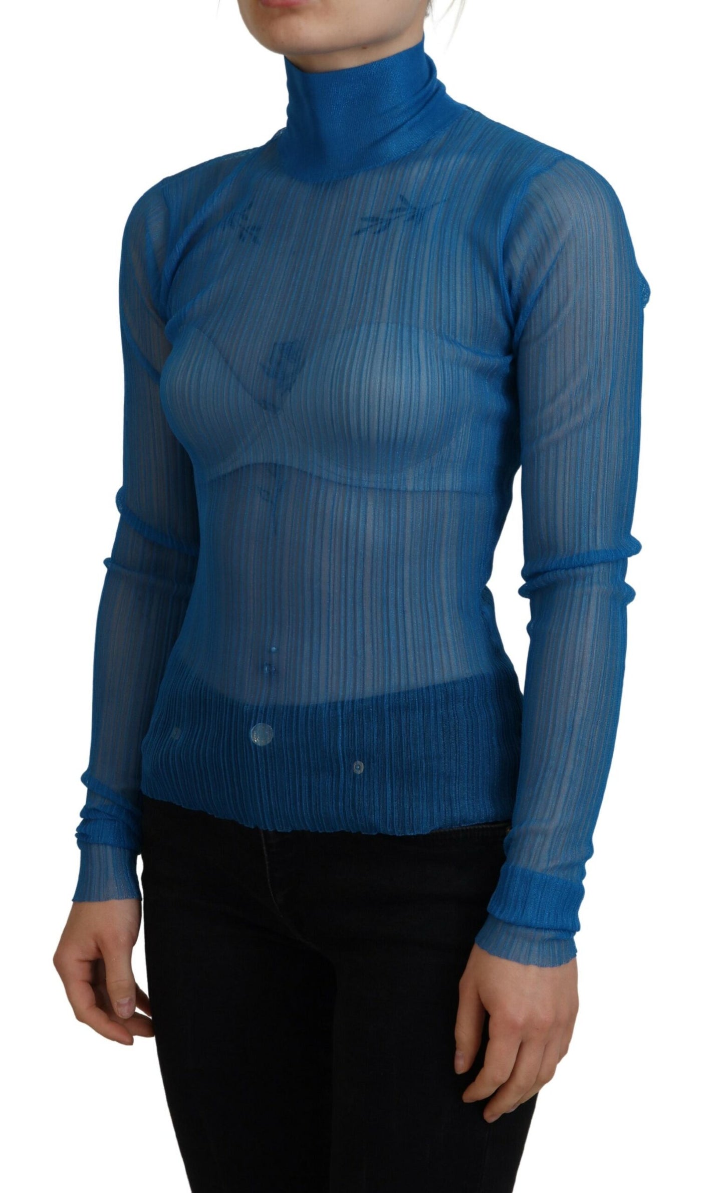 Dolce &amp; Gabbana Blue Mesh Turtleneck Long Sleeve Blouse Top