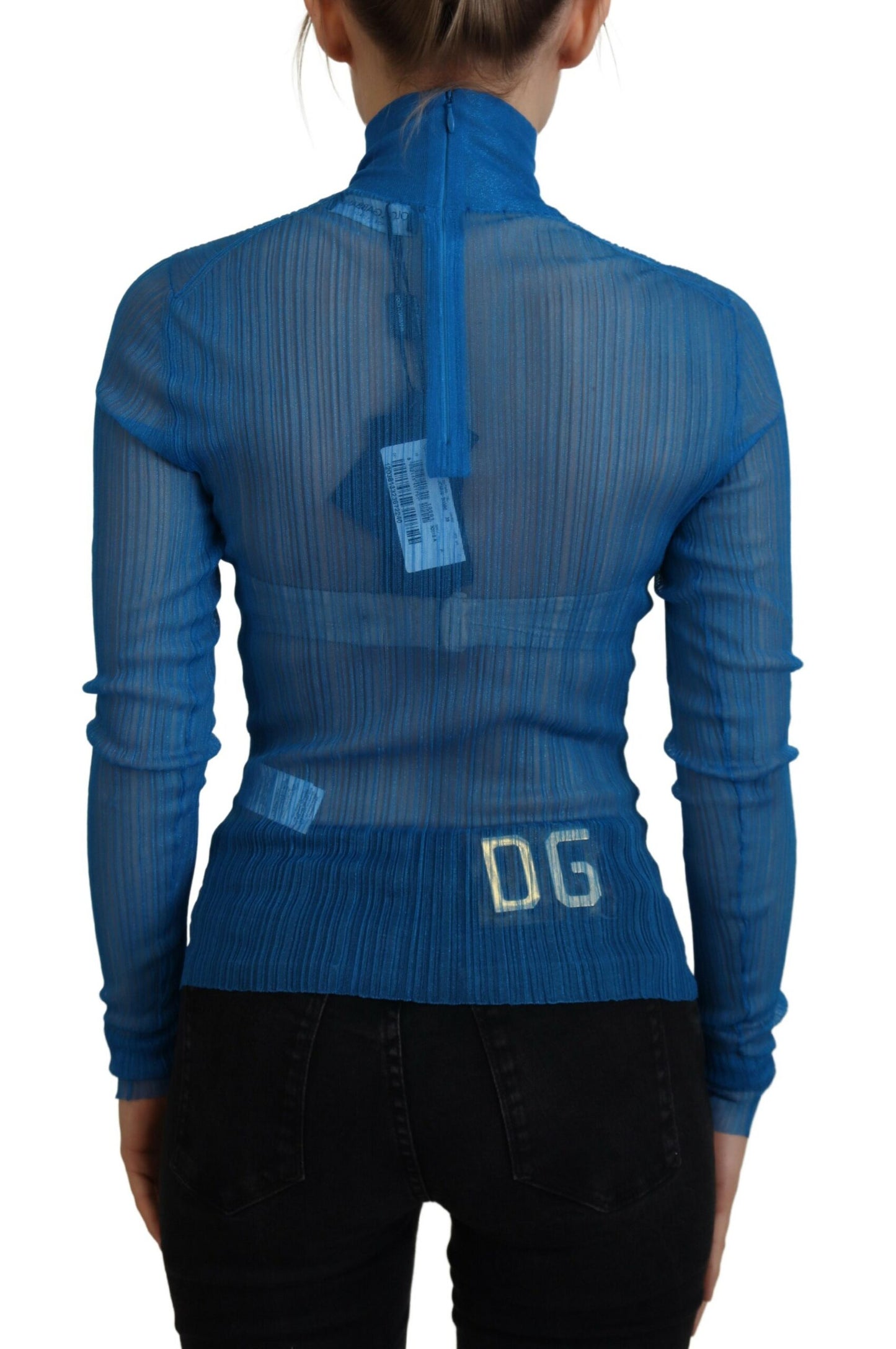 Dolce &amp; Gabbana Blue Mesh Turtleneck Long Sleeve Blouse Top