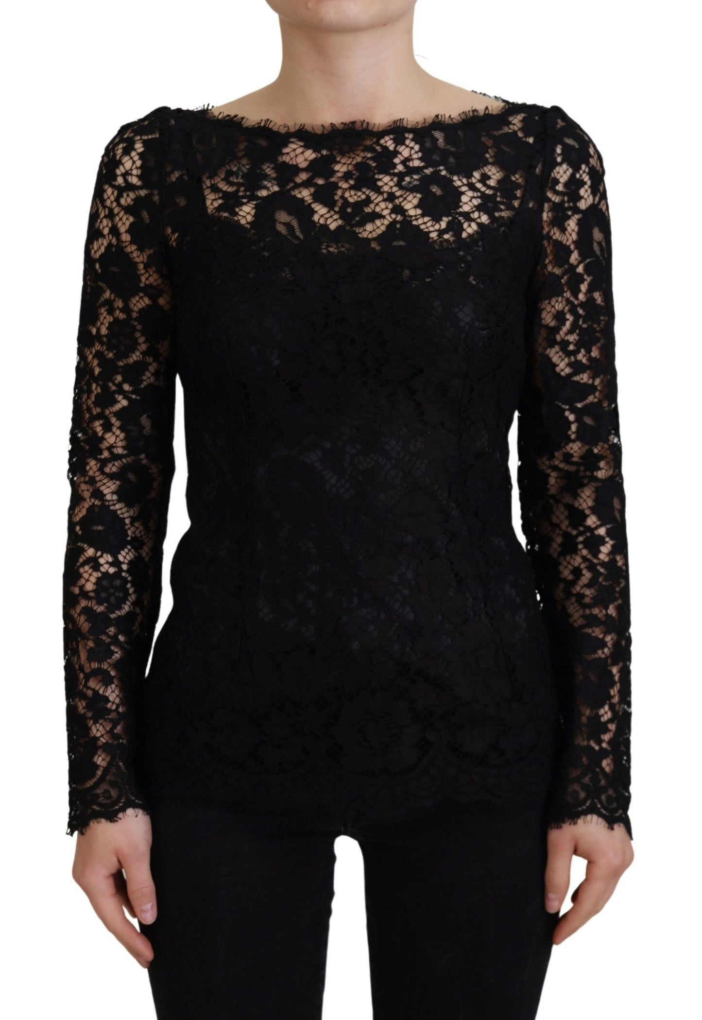 Dolce &amp; Gabbana Black Cotton Lace Trim Long Sleeves Top