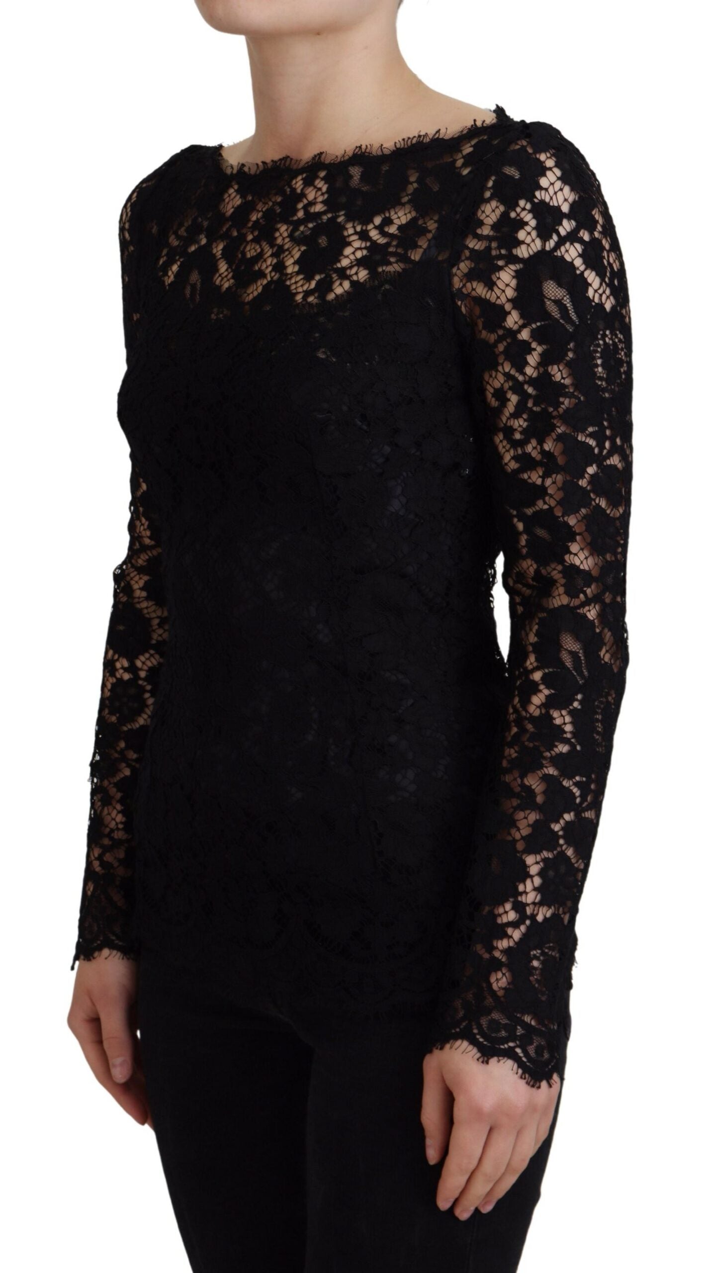 Dolce &amp; Gabbana Black Cotton Lace Trim Long Sleeves Top