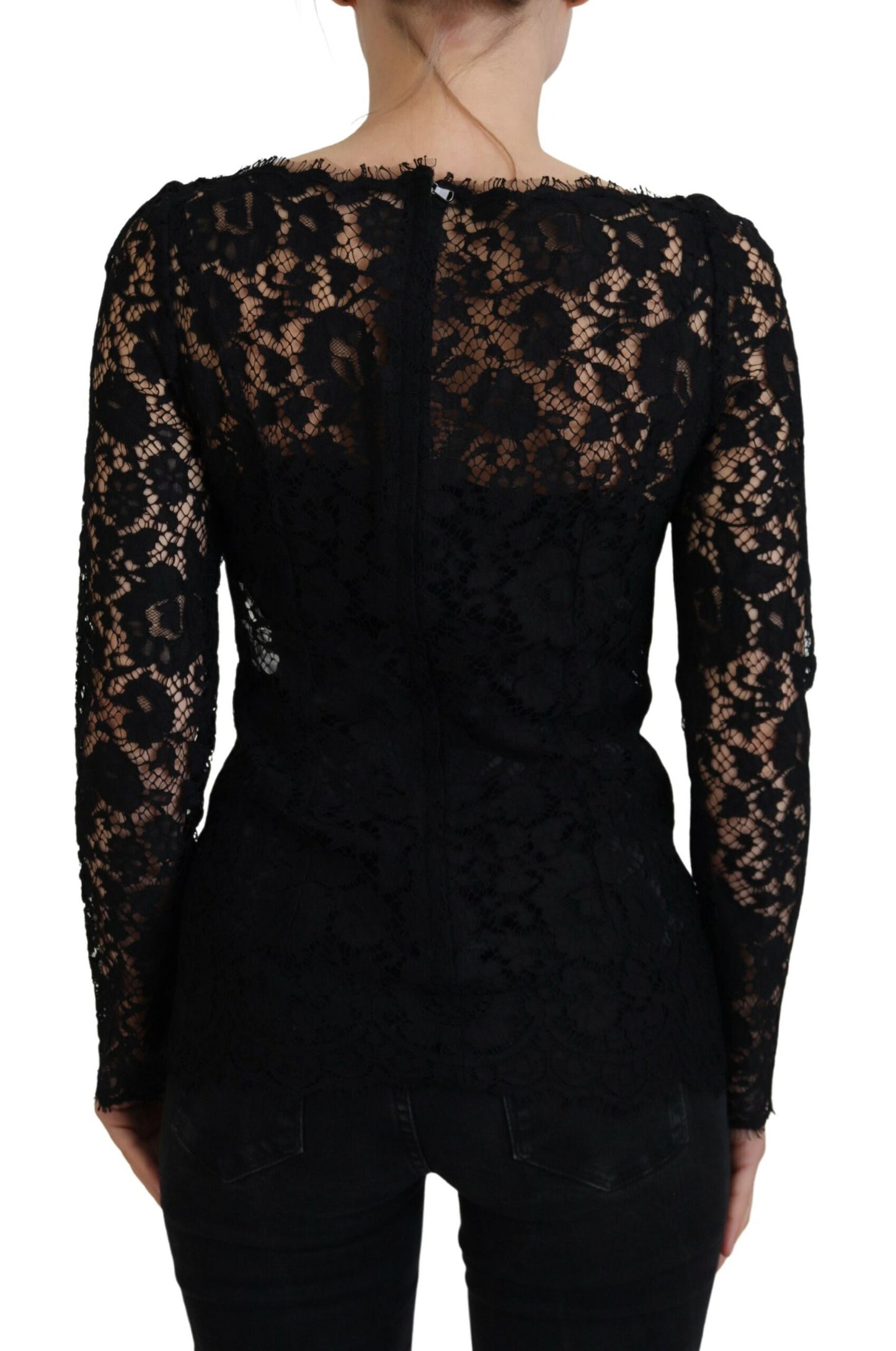 Dolce &amp; Gabbana Black Cotton Lace Trim Long Sleeves Top