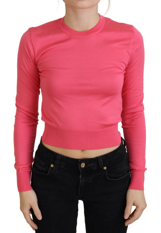 Dolce &amp; Gabbana Pink Silk Cropped Crewneck Pullover Sweater