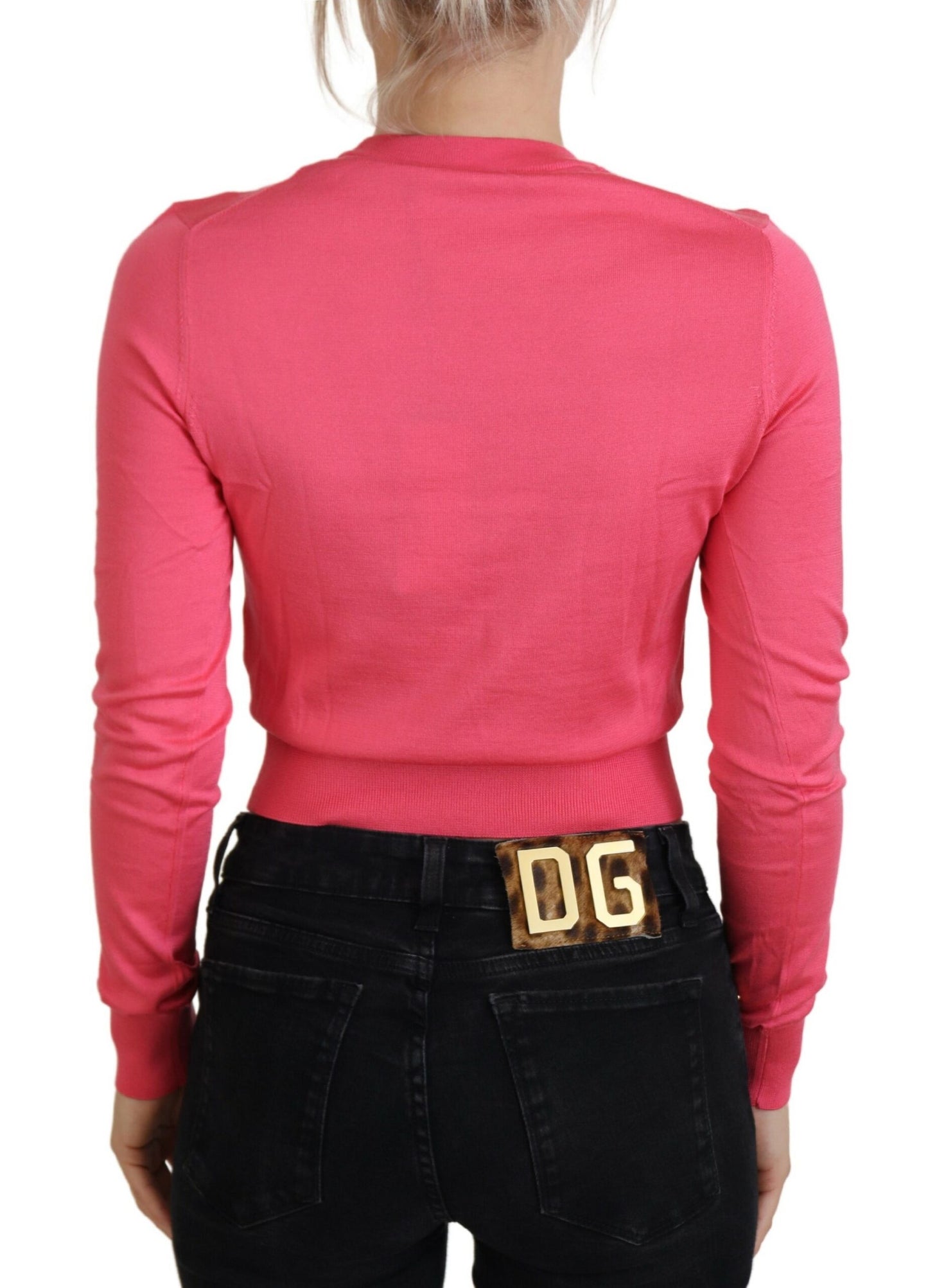 Dolce &amp; Gabbana Pink Silk Cropped Crewneck Pullover Sweater