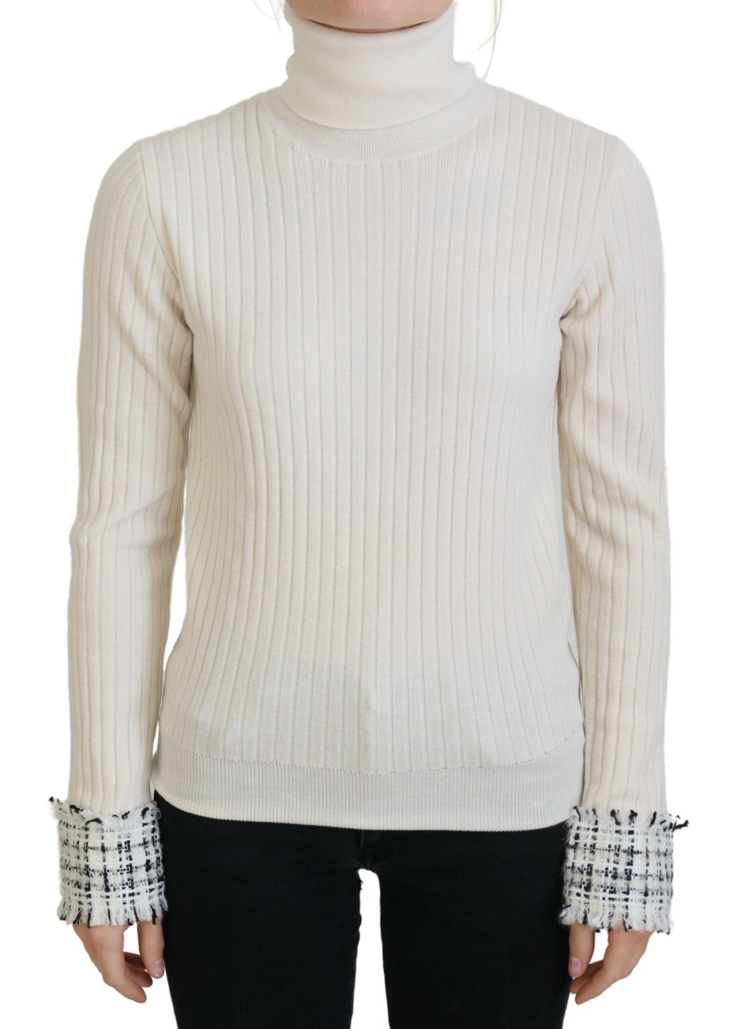 Dolce &amp; Gabbana Ivory Turtleneck Distressed Cuff Pullover Sweater