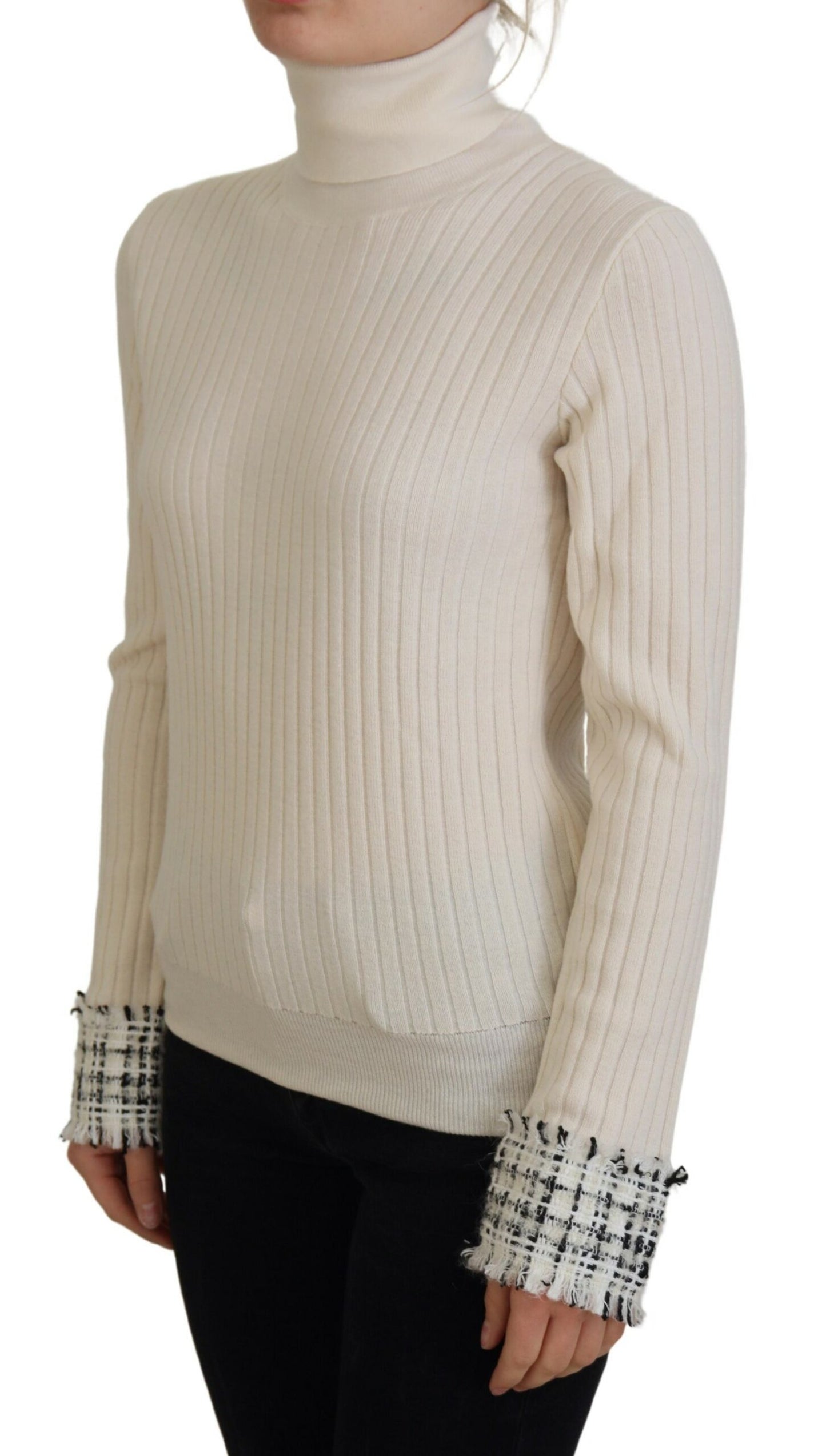 Dolce &amp; Gabbana Ivory Turtleneck Distressed Cuff Pullover Sweater