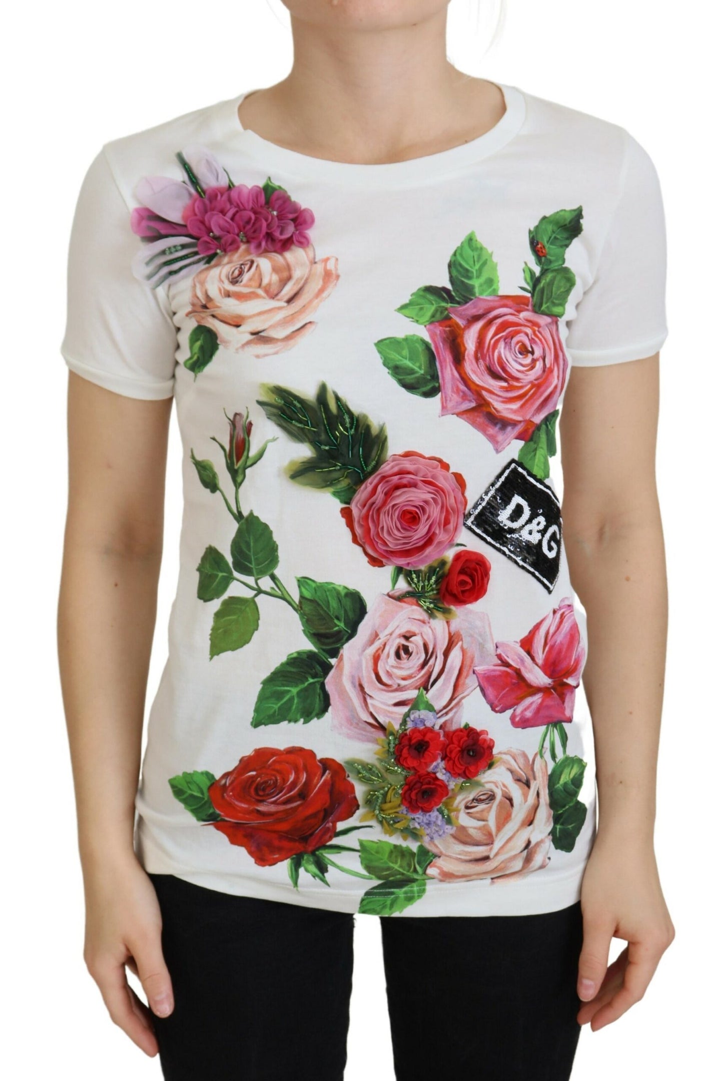 Dolce &amp; Gabbana White Rose DGLogo Printed Short Sleeves Top