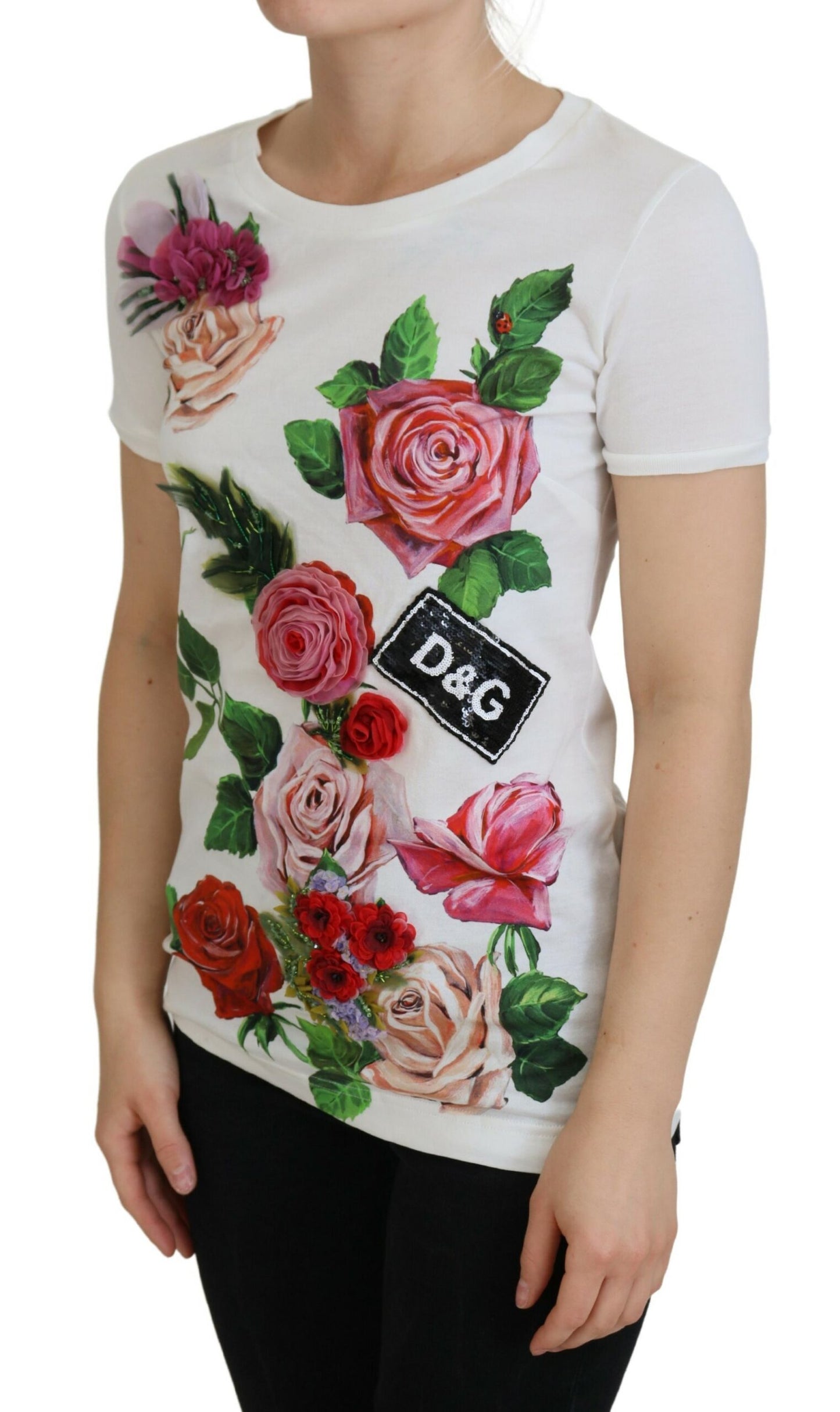 Dolce &amp; Gabbana White Rose DGLogo Printed Short Sleeves Top