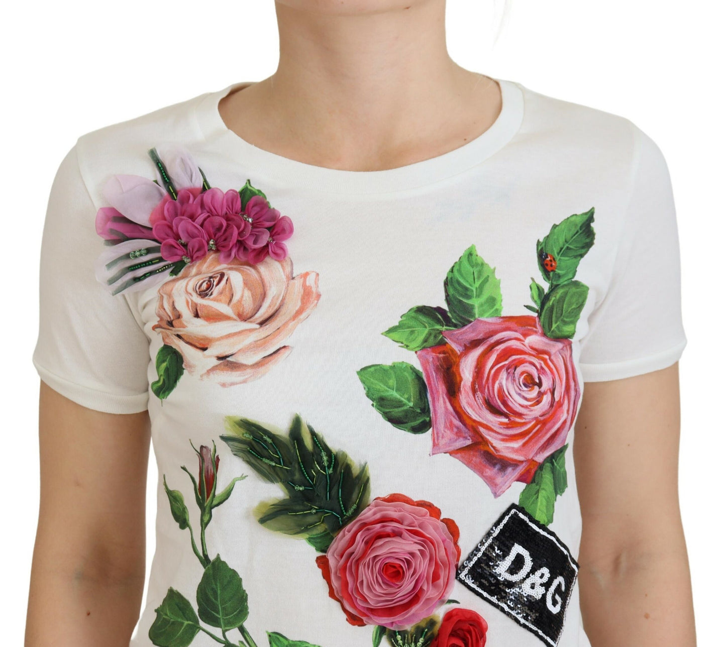 Dolce &amp; Gabbana White Rose DGLogo Printed Short Sleeves Top