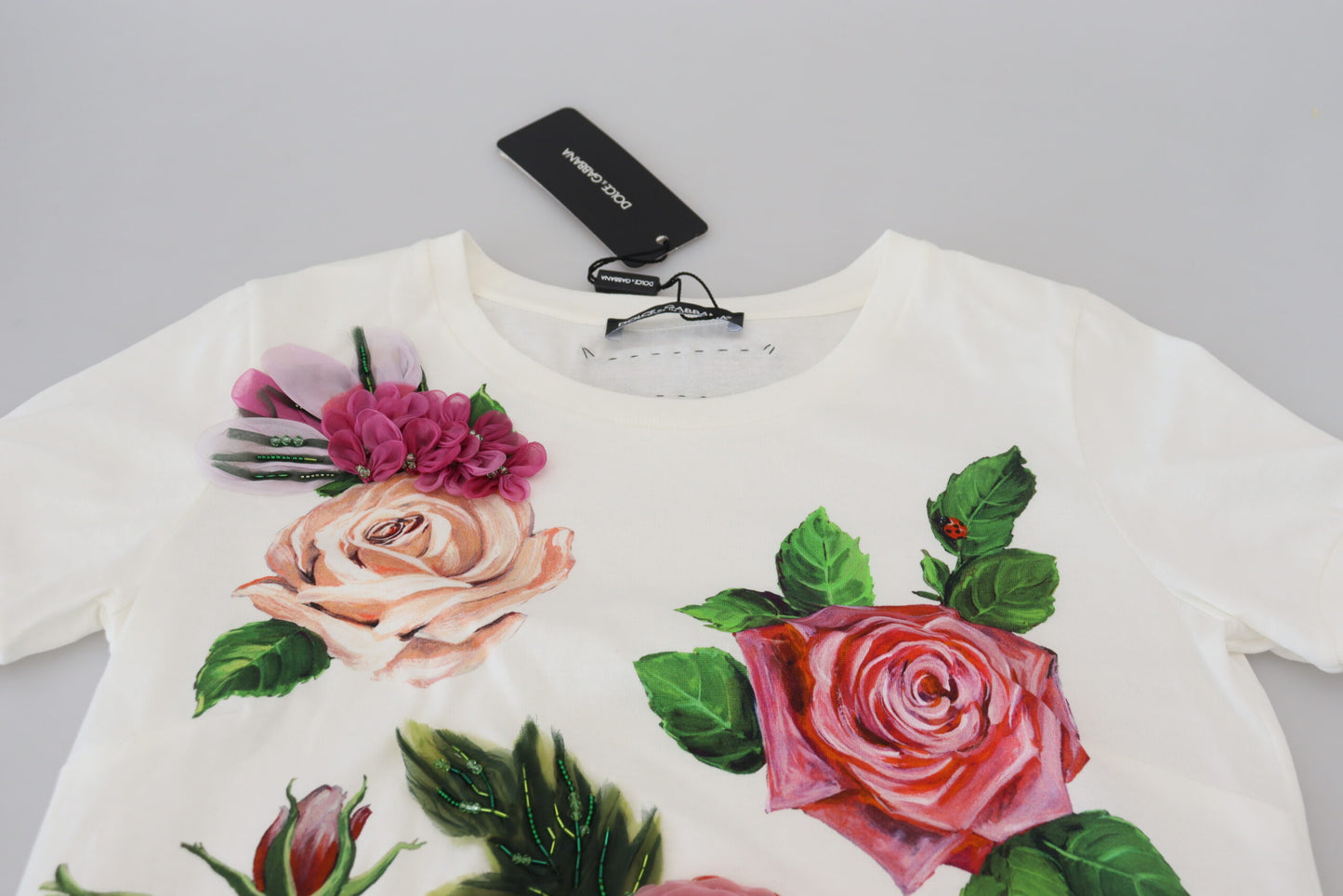 Dolce &amp; Gabbana White Rose DGLogo Printed Short Sleeves Top