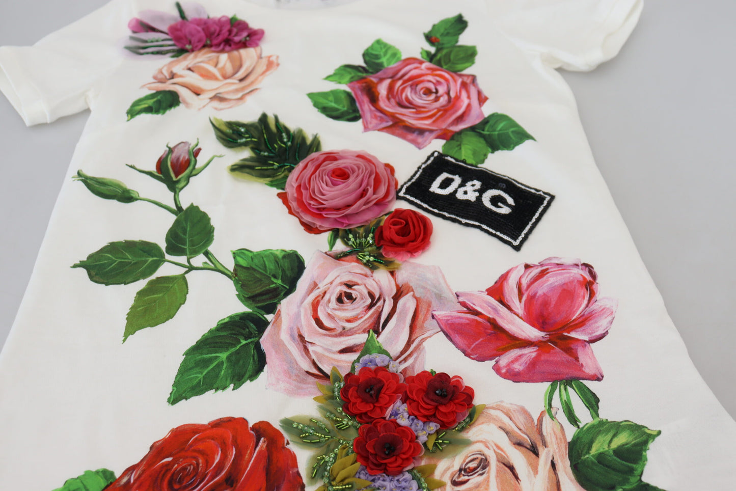 Dolce &amp; Gabbana White Rose DGLogo Printed Short Sleeves Top