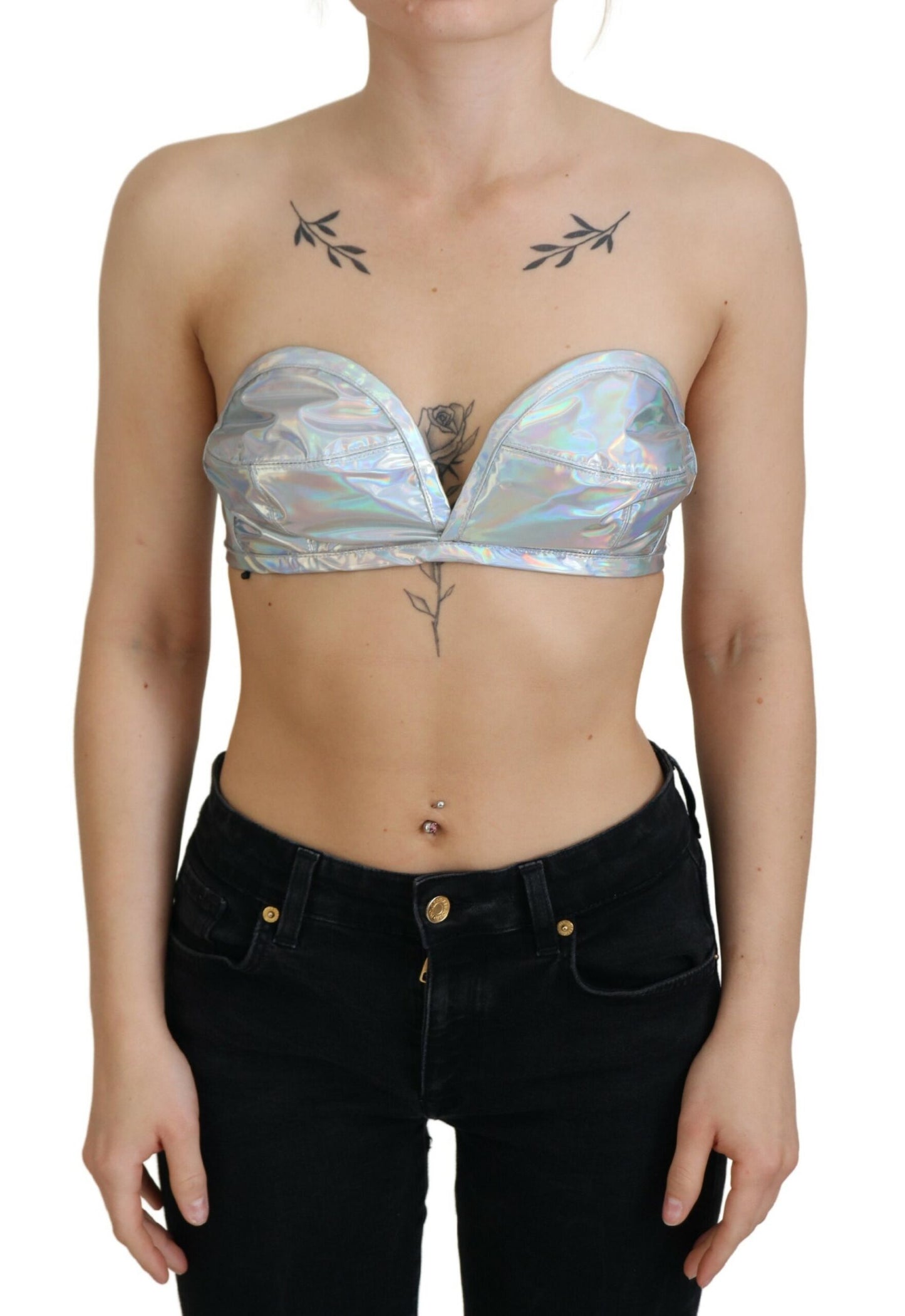 Dolce &amp; Gabbana Silver Holographic Effect Bustier Brassiere Top