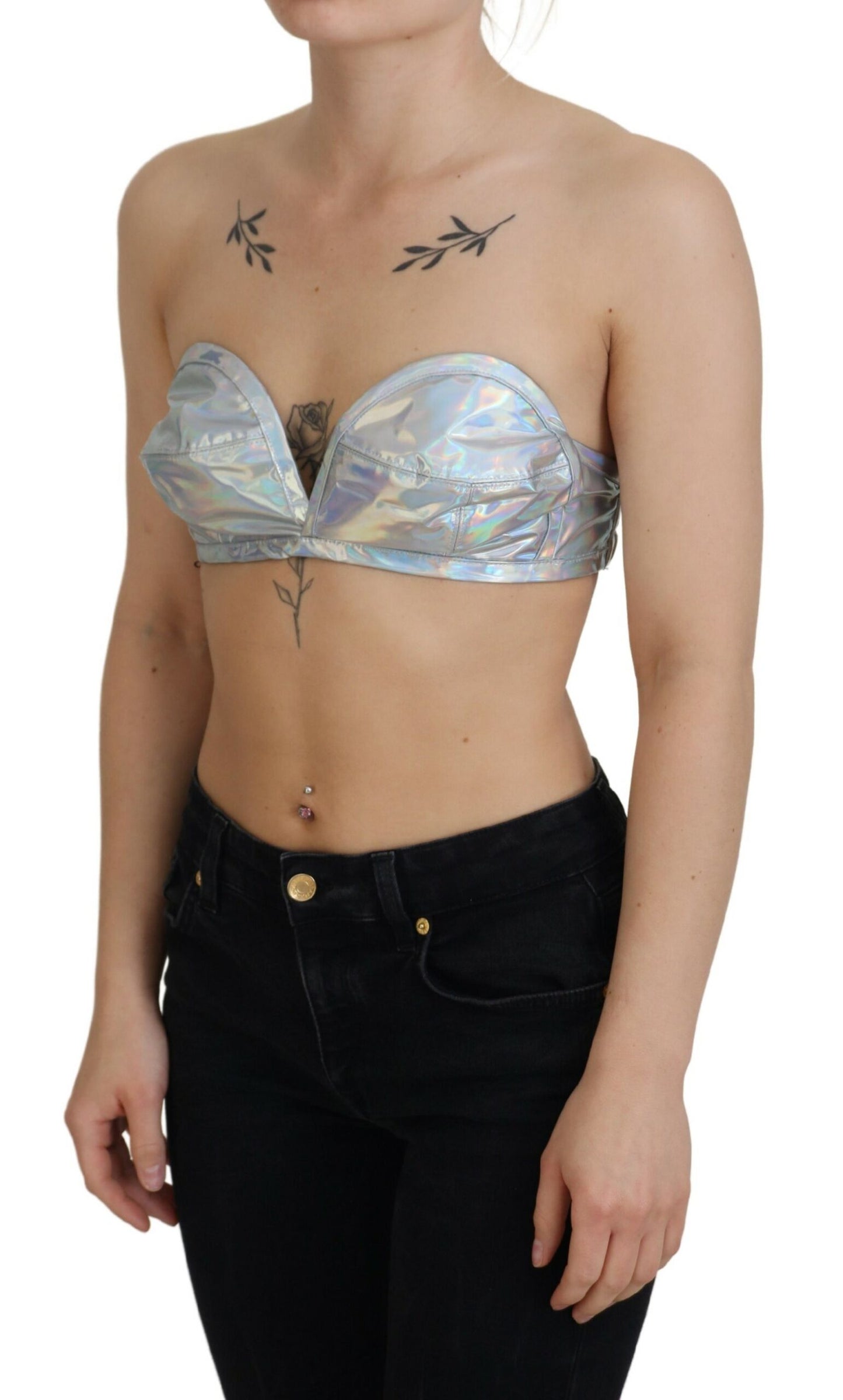 Dolce &amp; Gabbana Silver Holographic Effect Bustier Brassiere Top