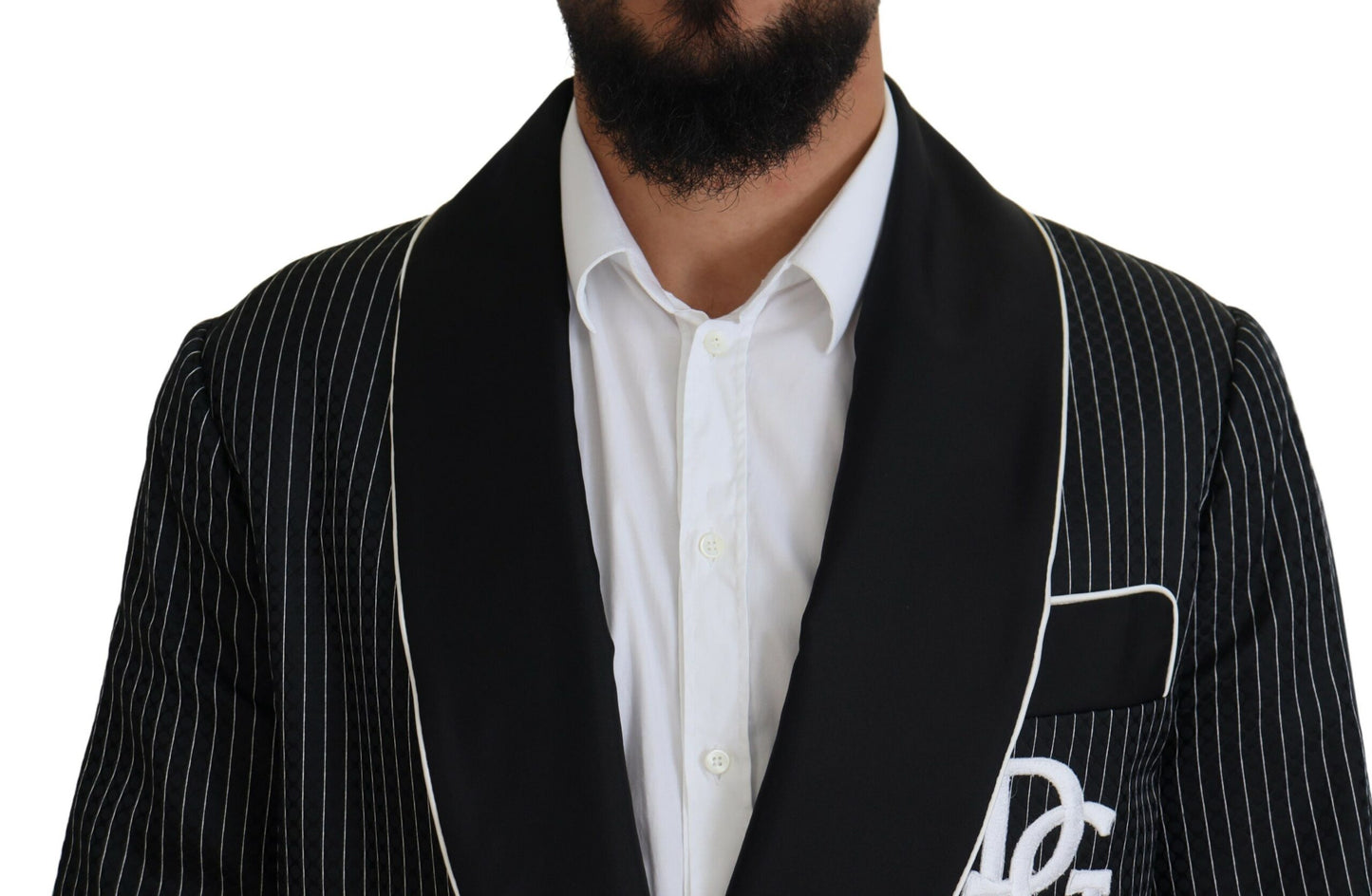 Dolce &amp; Gabbana Black Robe Striped DG Patch Jacket Men Blazer