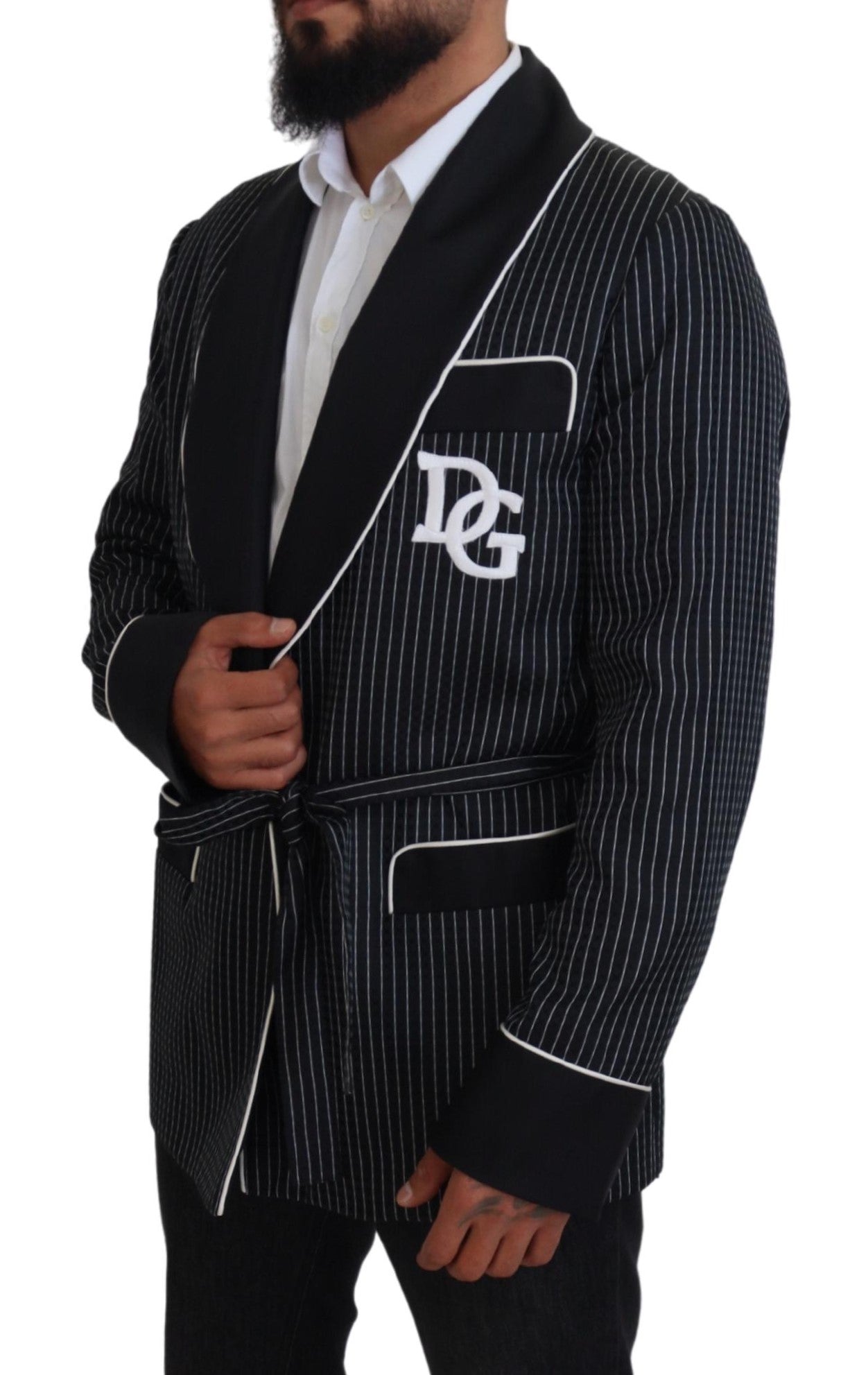 Dolce &amp; Gabbana Black Robe Striped DG Patch Jacket Men Blazer