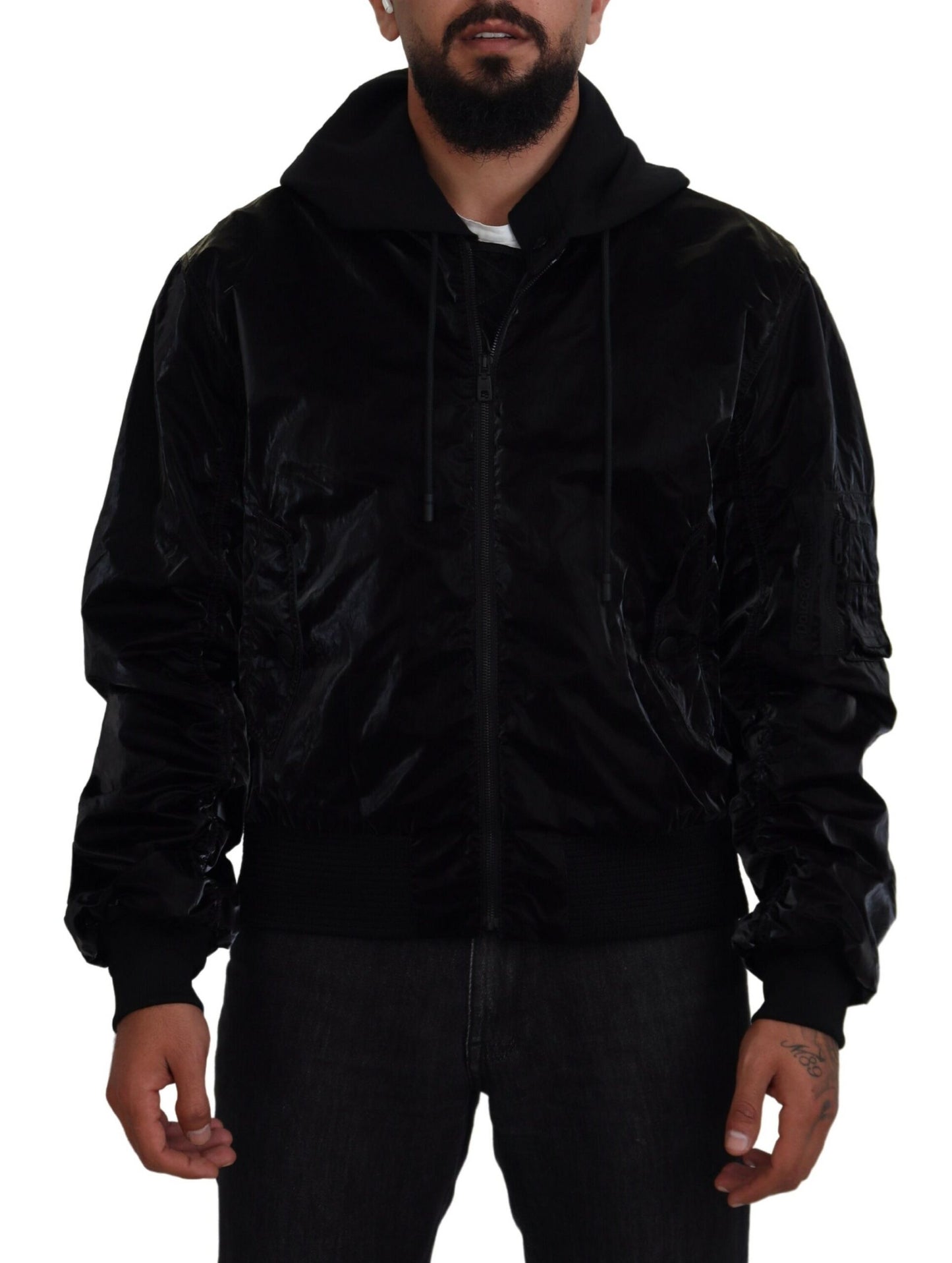 Dolce &amp; Gabbana Black Nylon Hooded Full Zip Bomber Jacket