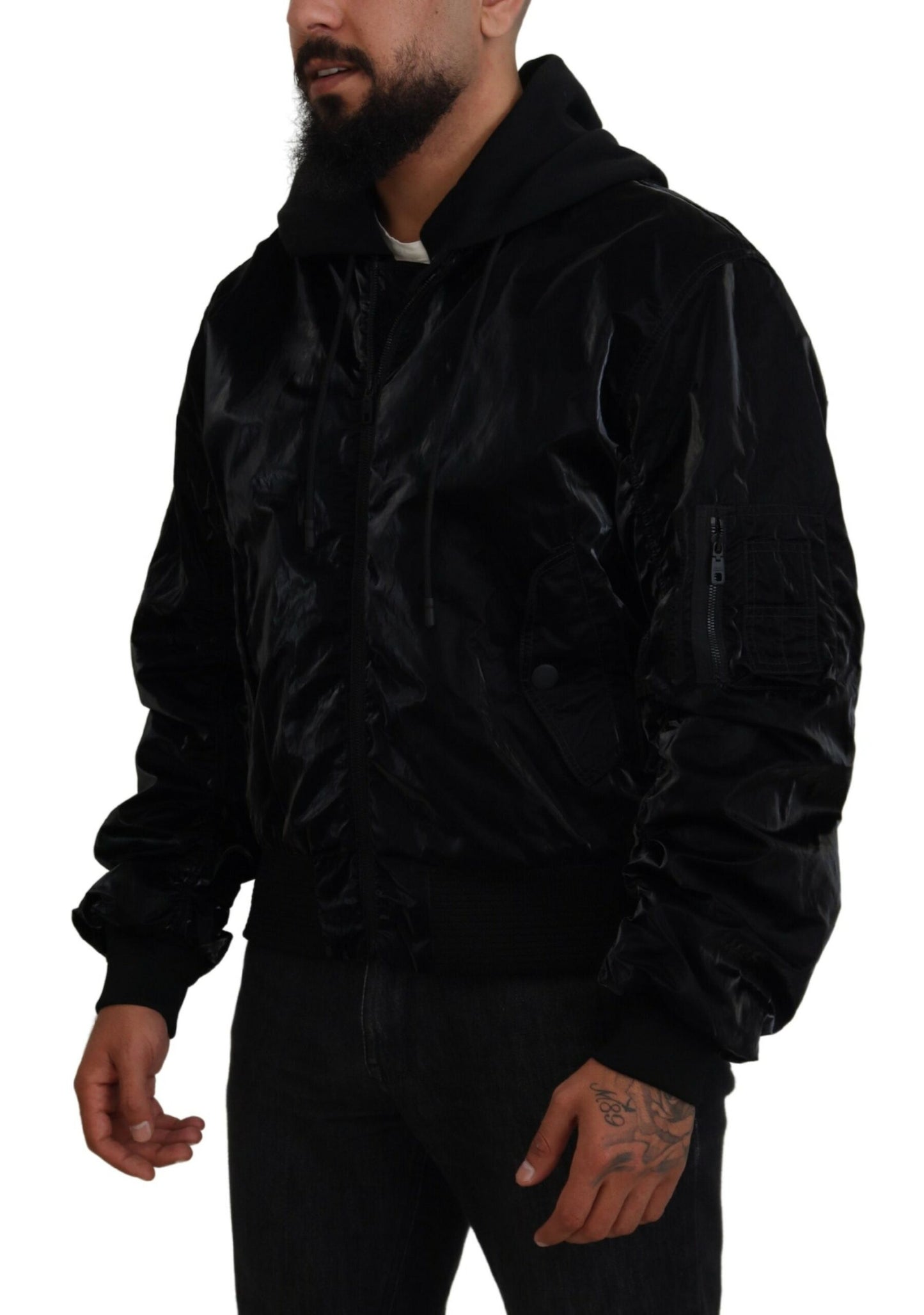 Dolce &amp; Gabbana Black Nylon Hooded Full Zip Bomber Jacket