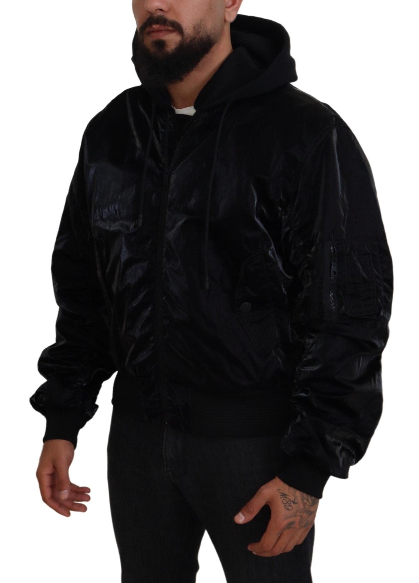 Dolce &amp; Gabbana Black Nylon Hooded Full Zip Bomber Jacket