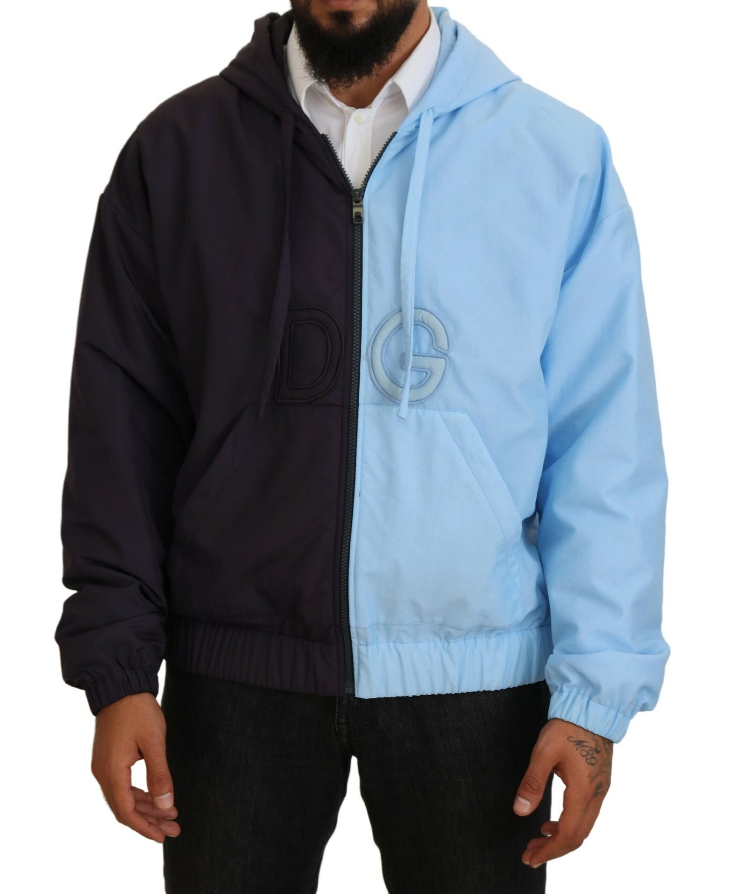 Dolce &amp; Gabbana Black Blue DG Hooded Full Zip Men Jacket