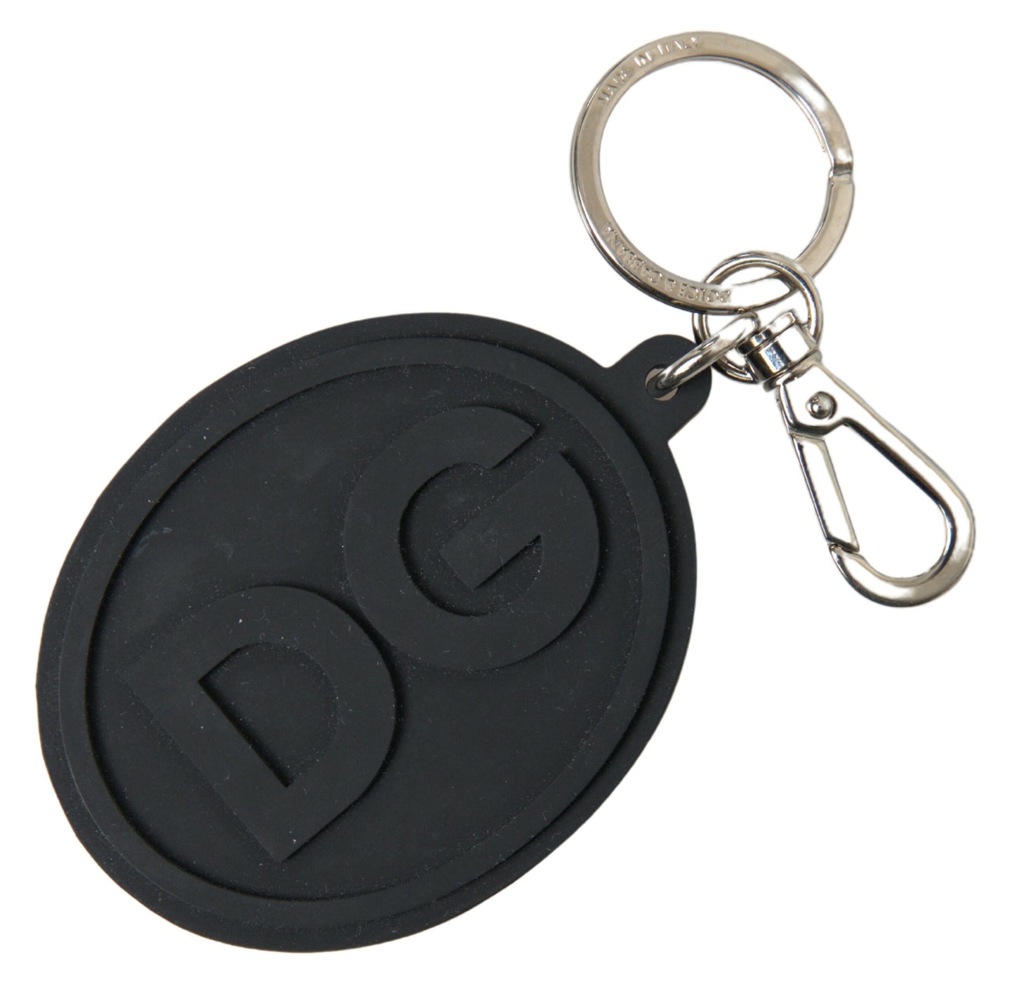 Dolce &amp; Gabbana Black Rubber DG Logo Silver Brass Metal Keychain