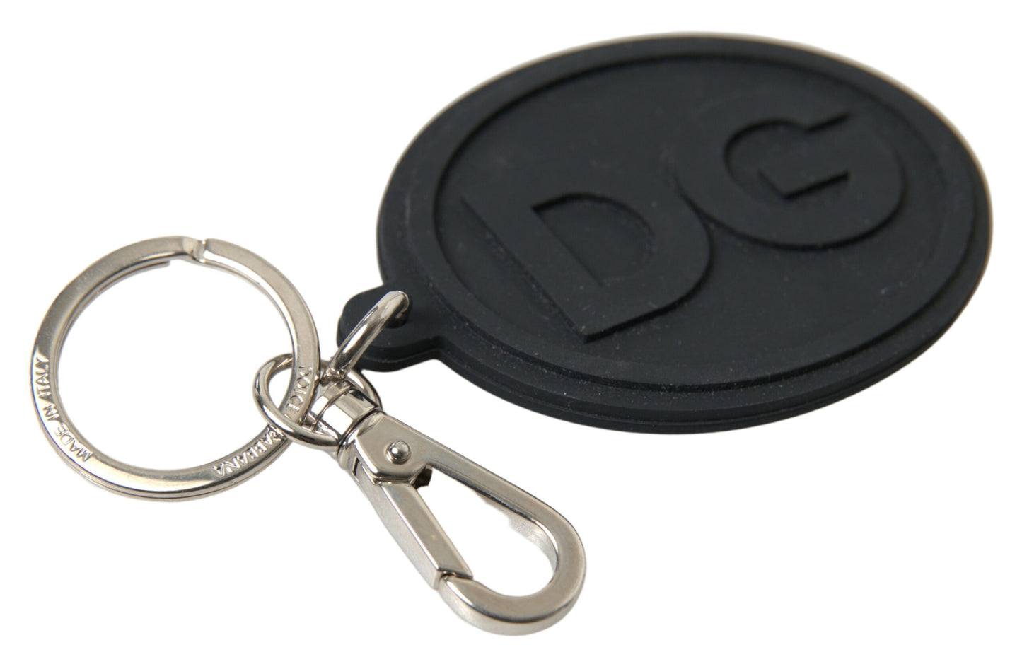 Dolce &amp; Gabbana Black Rubber DG Logo Silver Brass Metal Keychain