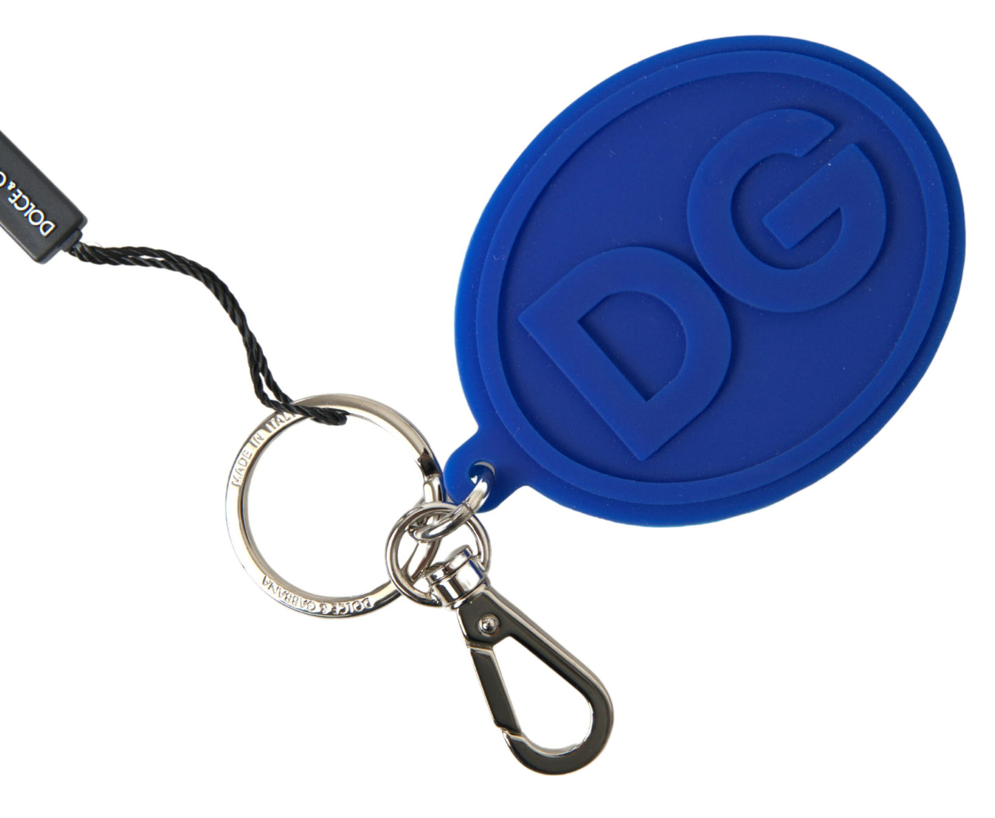 Dolce &amp; Gabbana Blue Rubber DG Logo Silver Brass Metal Keyring Keychain