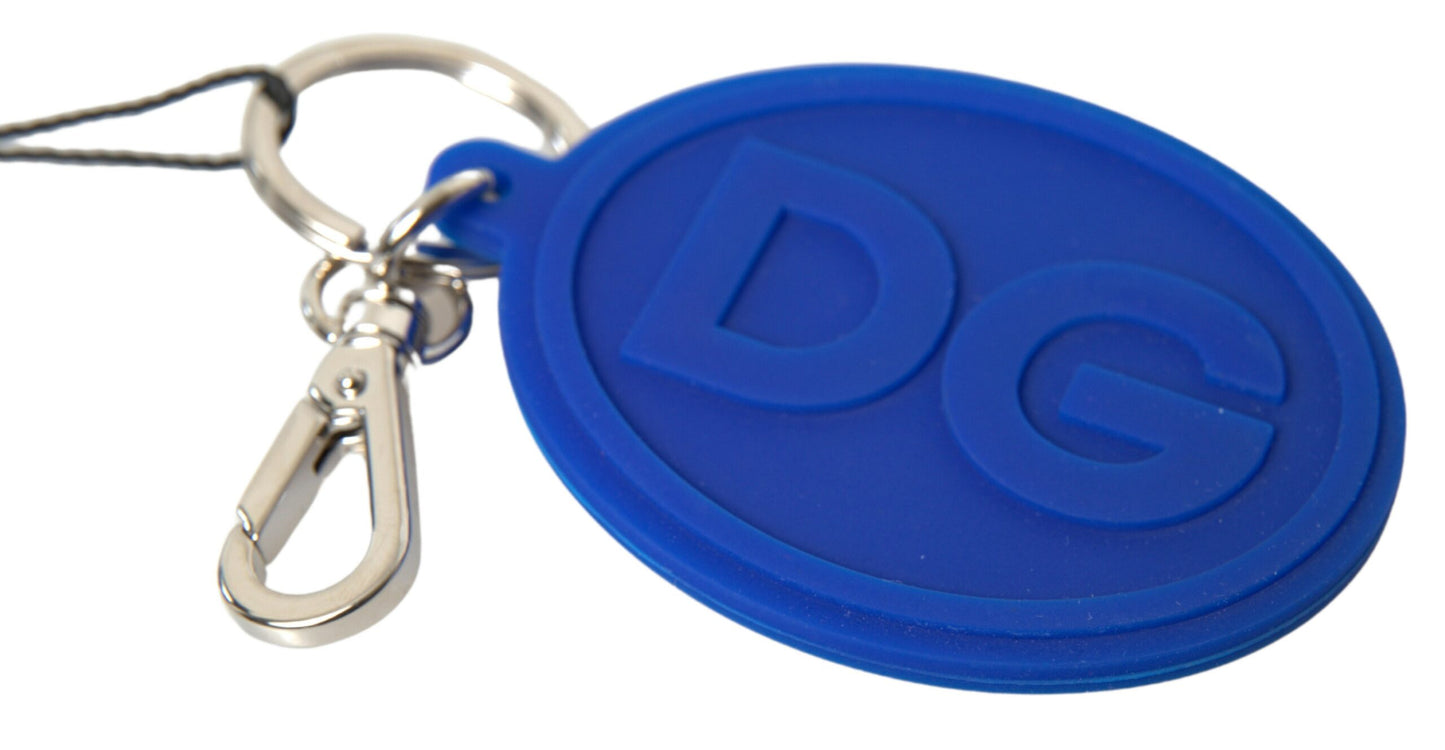 Dolce &amp; Gabbana Blue Rubber DG Logo Silver Brass Metal Keyring Keychain