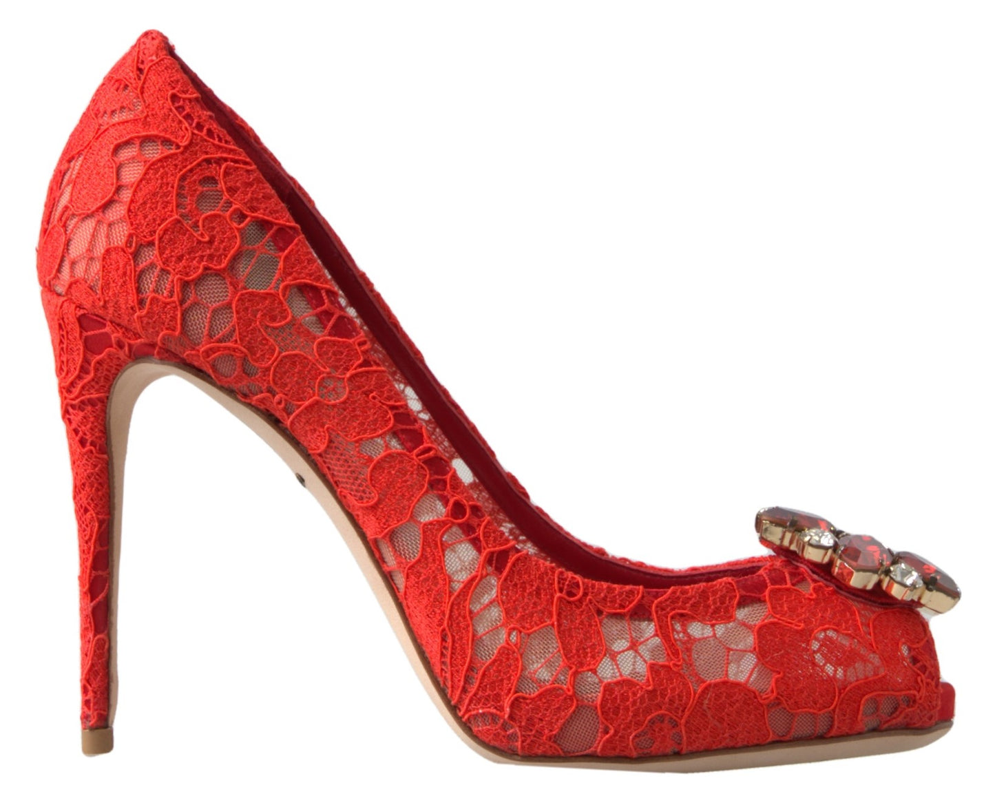 Schicke rote Spitzen-Heels von Dolce &amp; Gabbana mit Kristallverzierung