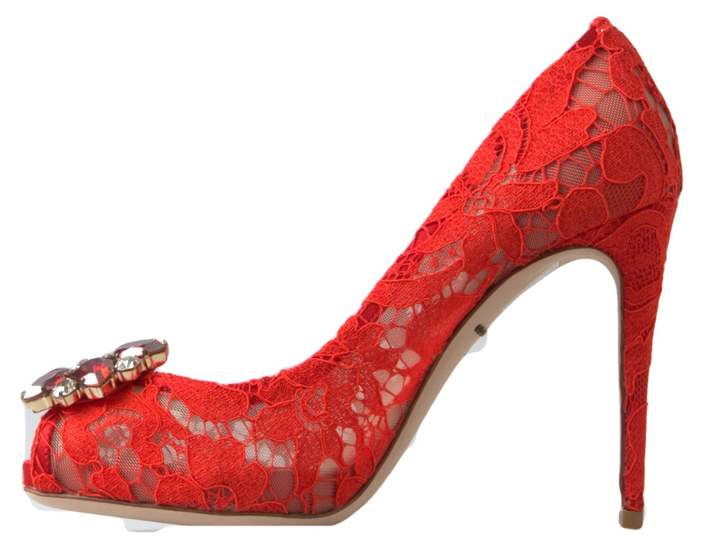 Schicke rote Spitzen-Heels von Dolce &amp; Gabbana mit Kristallverzierung