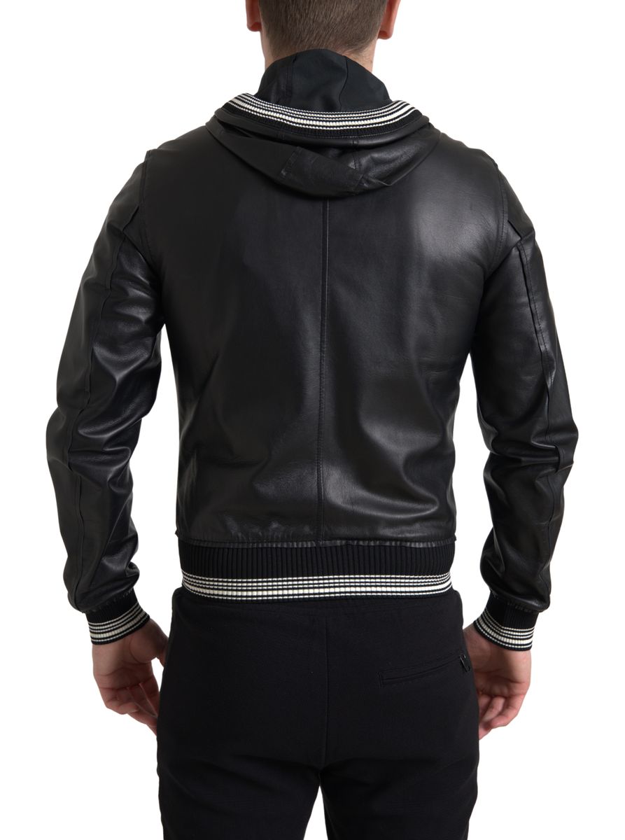 Dolce &amp; Gabbana Black Leather Full Zip Hooded Men Jacket